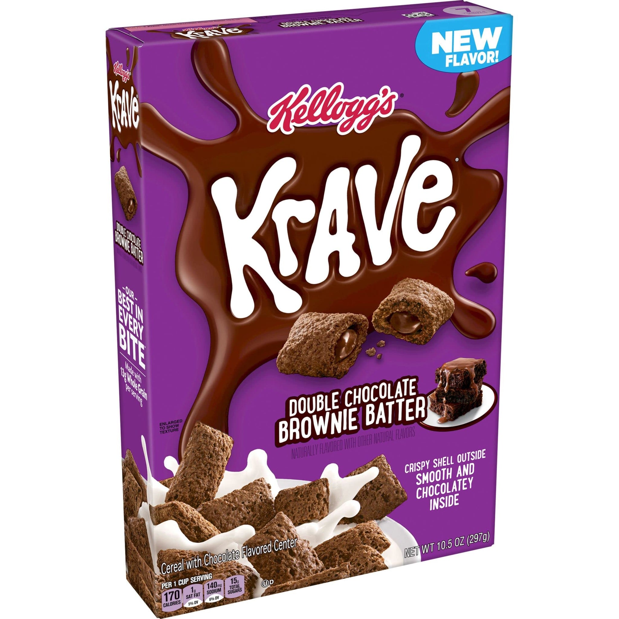 Krave Cold Breakfast Cereal, Chocolate Cereal, Kids Snacks, Double Chocolate Brownie Batter, 10.5oz Box