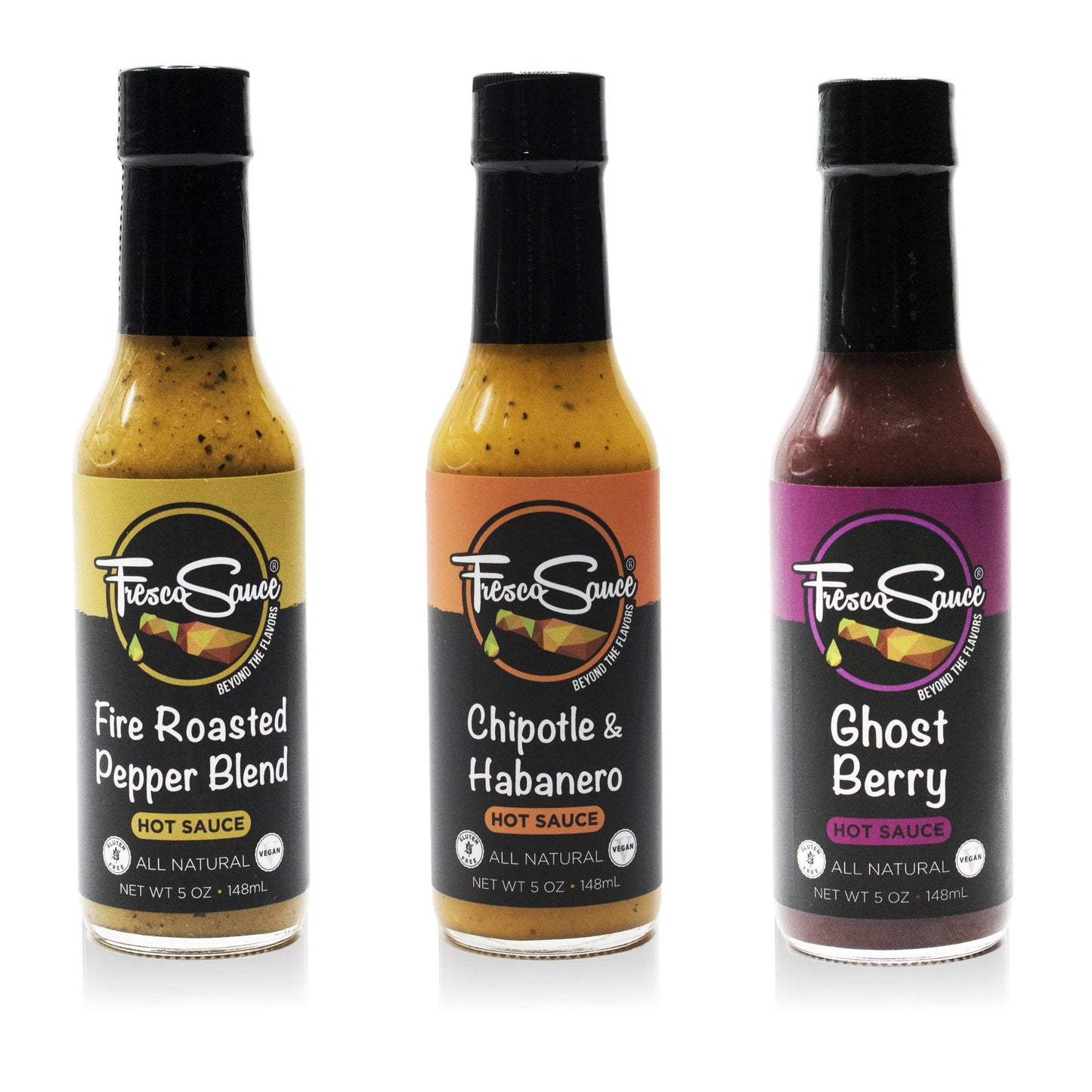 Hot Sauce Bundel Gift Box by Fresco Sauce 3 Pack - Fire Roasted Jalapeno - Serrano - Chipotle & Habanero - Chipotle - Habanero - Ghost Berry - Ghost