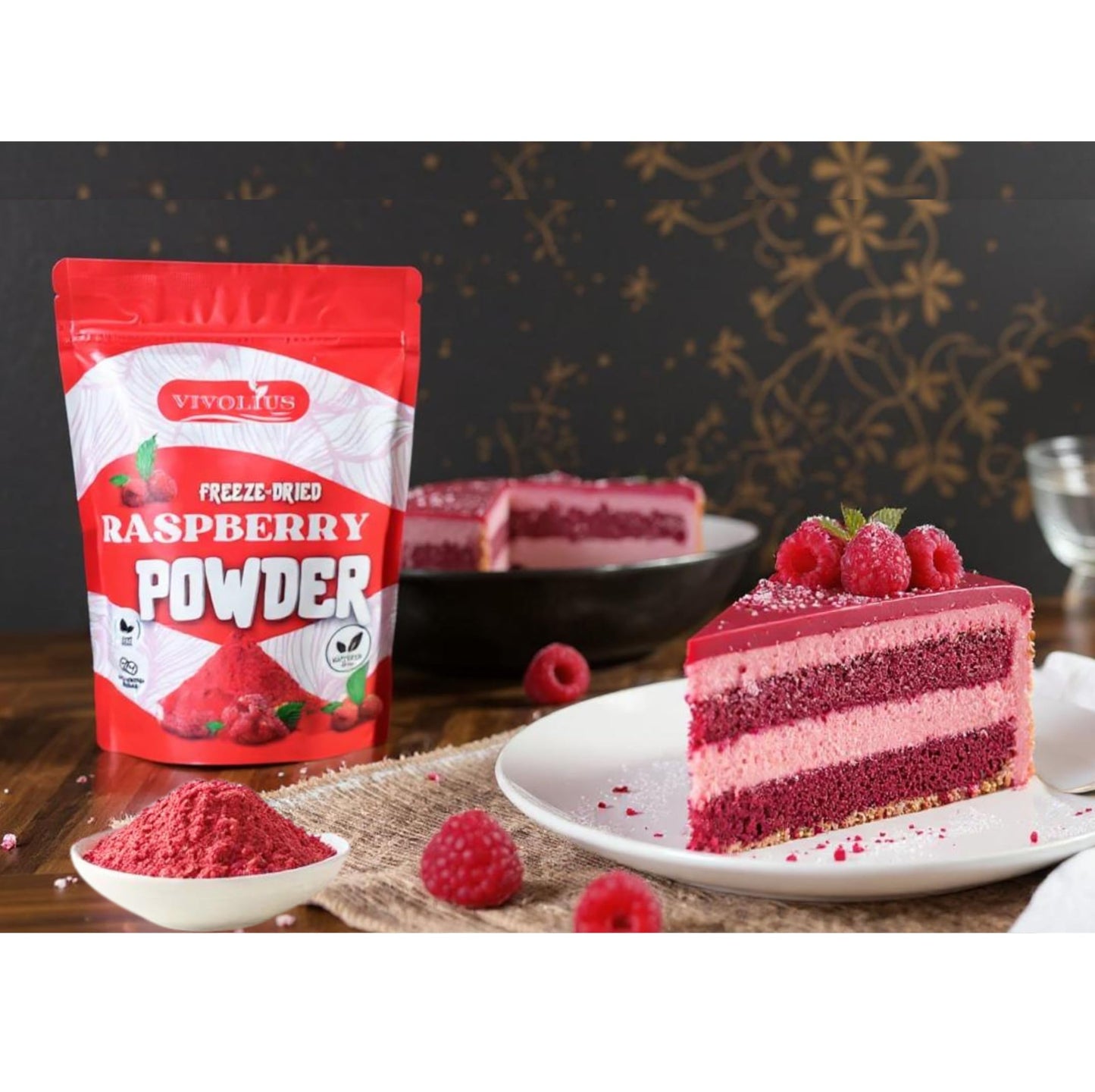 Raspberry Powder 8 Oz, Freeze Dried, Vivolius, No Sugar added, No additives, Natural Red Food Coloring.
