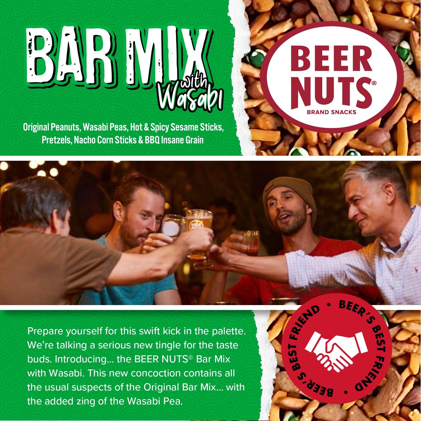 Beer Nuts Bar Mix w/ Wasabi Peas, Travel Packs, Tangy Wasabi, Crunchy Party Pretzels, Cheese Sticks, Sesame Sticks, Roasted Corn Nuts, & Original