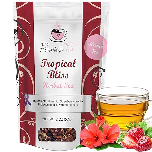 Pennie’s Tea - Tropical Bliss Loose Leaf Hibiscus Tea - Natural and Non-Caffeinated Organic Loose Leaves for Hot & Iced Beverages - Makes 25-30 Cups