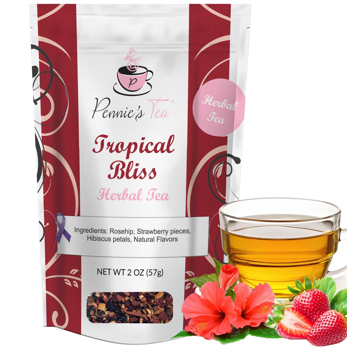 Pennie’s Tea - Tropical Bliss Loose Leaf Hibiscus Tea - Natural and Non-Caffeinated Organic Loose Leaves for Hot & Iced Beverages - Makes 25-30 Cups