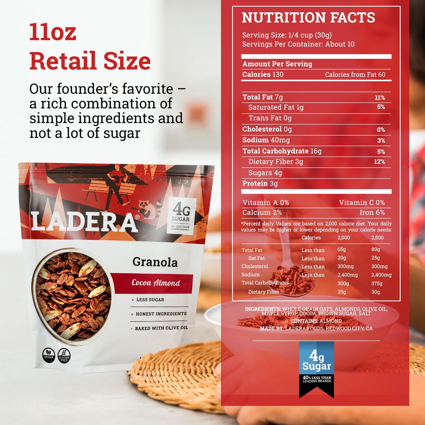 Ladera Cocoa Almond Granola - Low Sugar Chocolate Breakfast Cereal, Gluten Free & Vegan, Honest Ingredients, 11 OZ