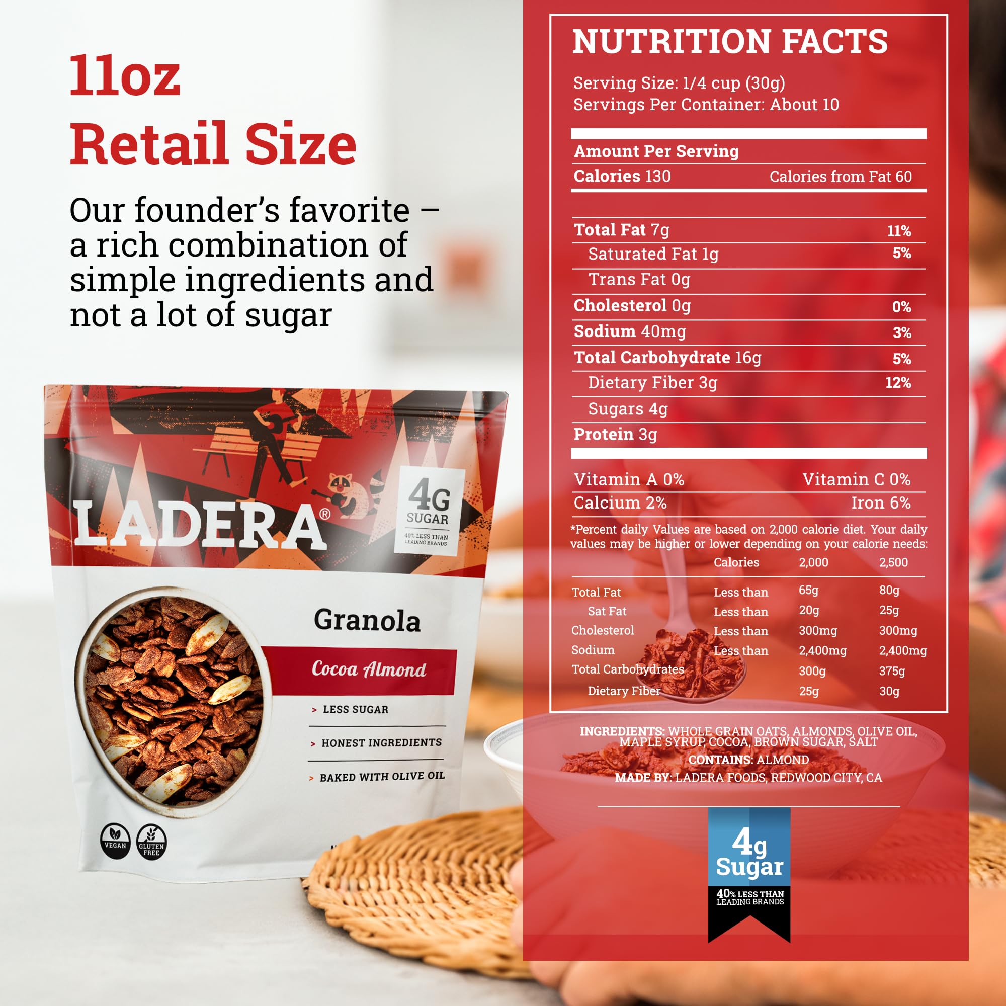 Ladera Cocoa Almond Granola - Low Sugar Chocolate Breakfast Cereal, Gluten Free & Vegan, Honest Ingredients, 11 OZ
