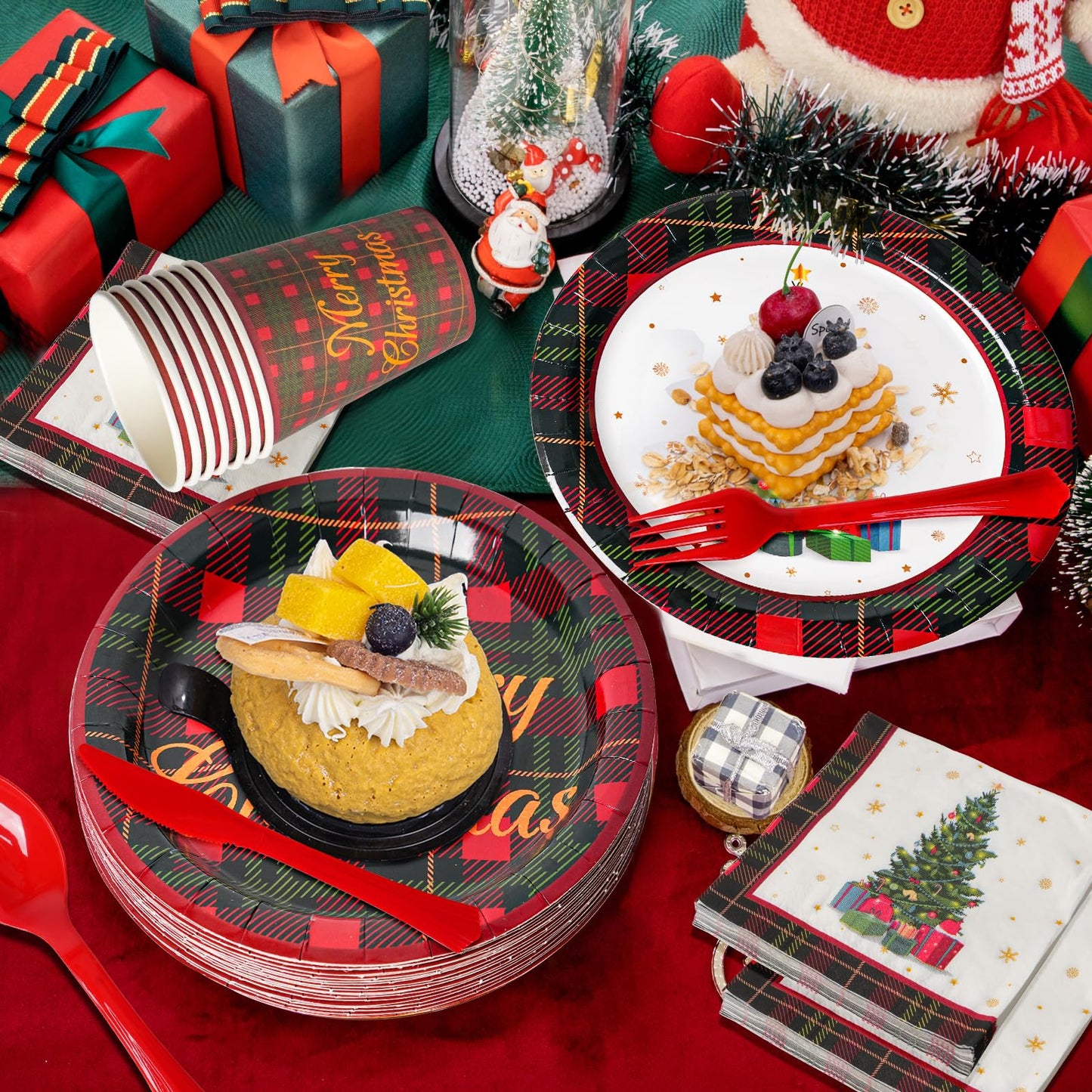 KTCNMER 175 Pcs Christmas Dinnerware Set Disposable Paper Plates and Napkins for 25 Guests Holiday Tableware Kits Cups Forks Knives Spoons