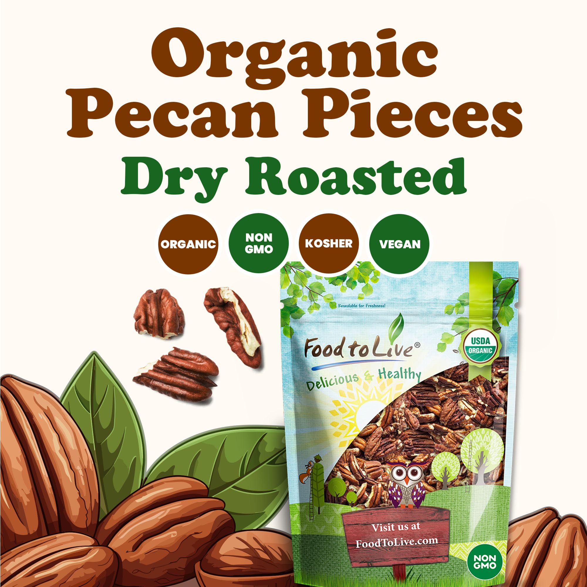 Food to Live Organic Dry Roasted Pecan Pieces, 8 Ounces - Oven Toasted, No Oil Added, Unsalted, Rich in Flavor and Crunch Nuts, Perfect for Cooking