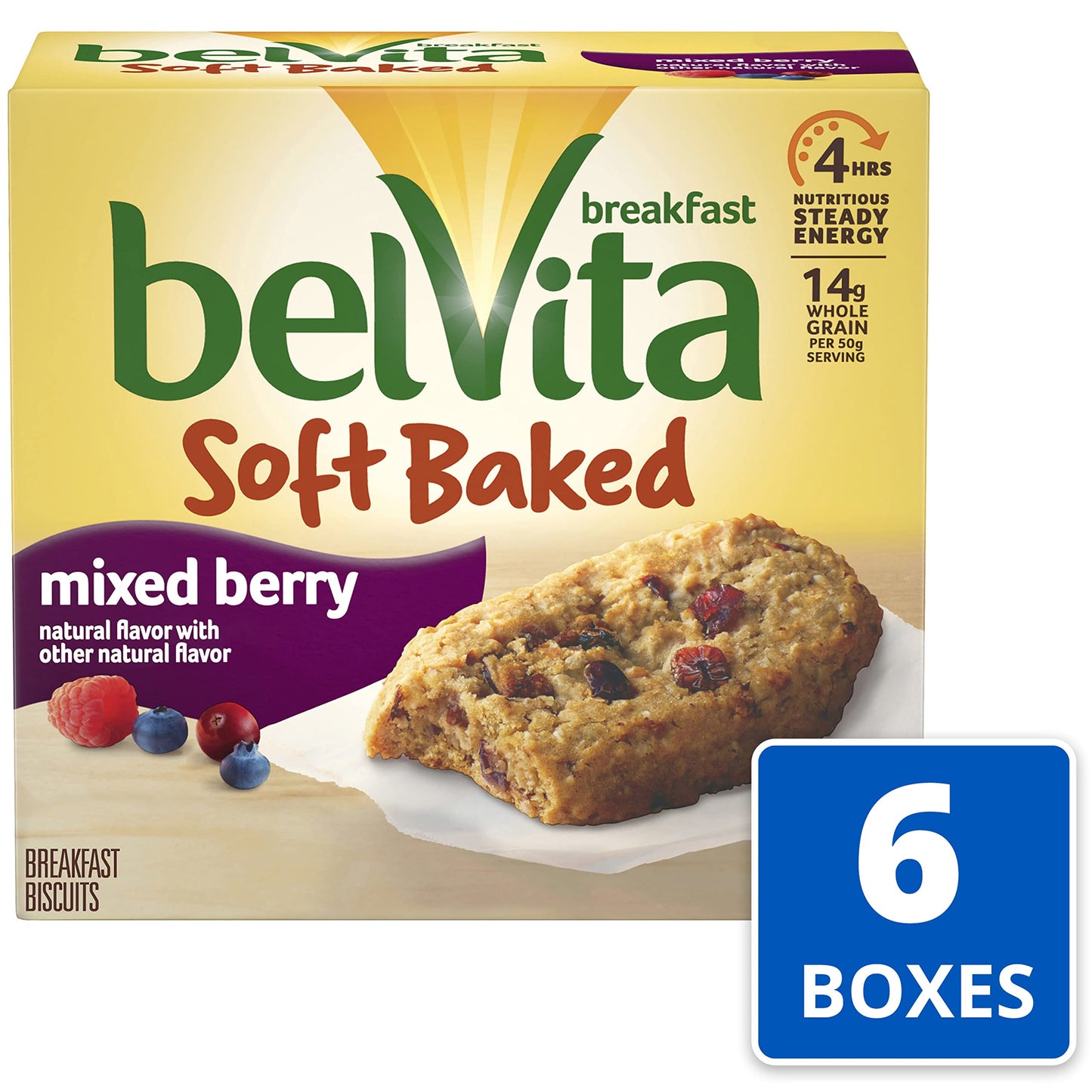 belVita Soft Baked Mixed Berry Breakfast Biscuits, 6 Boxes of 5 Packs (1 Biscuit Per Pack)