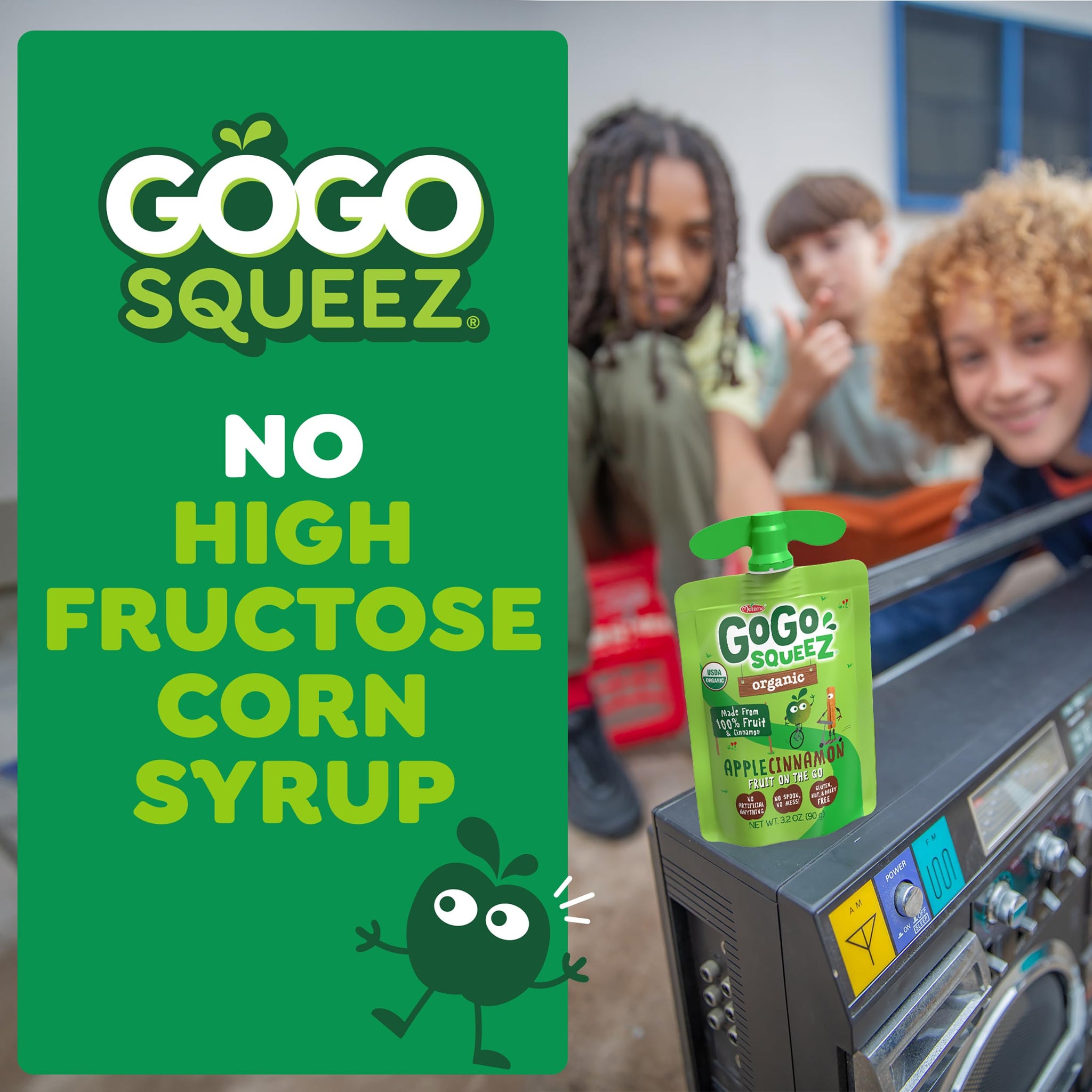 GoGo squeeZ Organic Applesauce and Fruit Puree, Apple Cinnamon, 3.2 oz (Pack of 4), Unsweetened Organic Fruit Snacks for Kids, Gluten Free, Nut Free