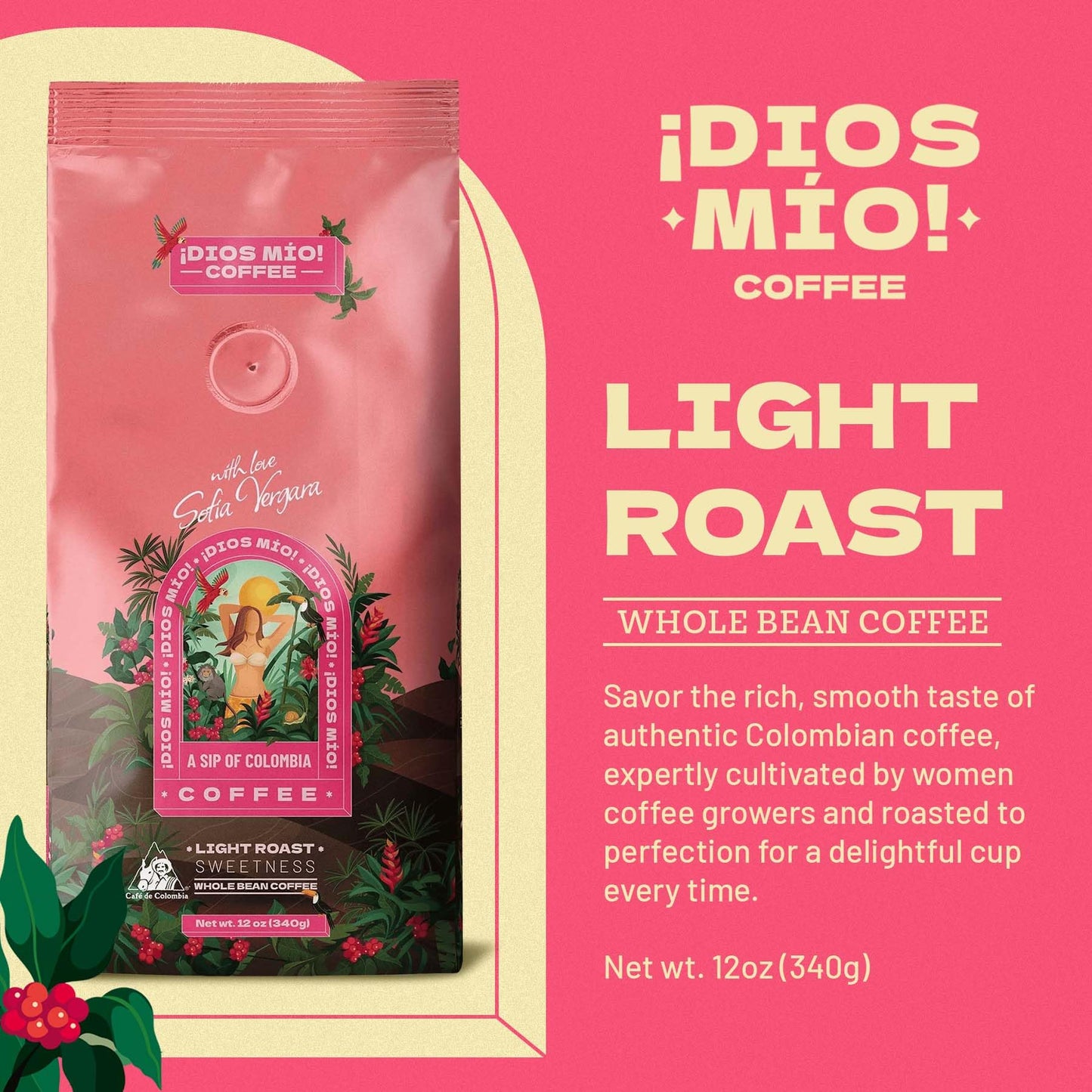 Dios Mio Coffee by Sofia Vergara, Light Roast, Whole Bean Premium Colombian Coffee, 12 Ounce Bag