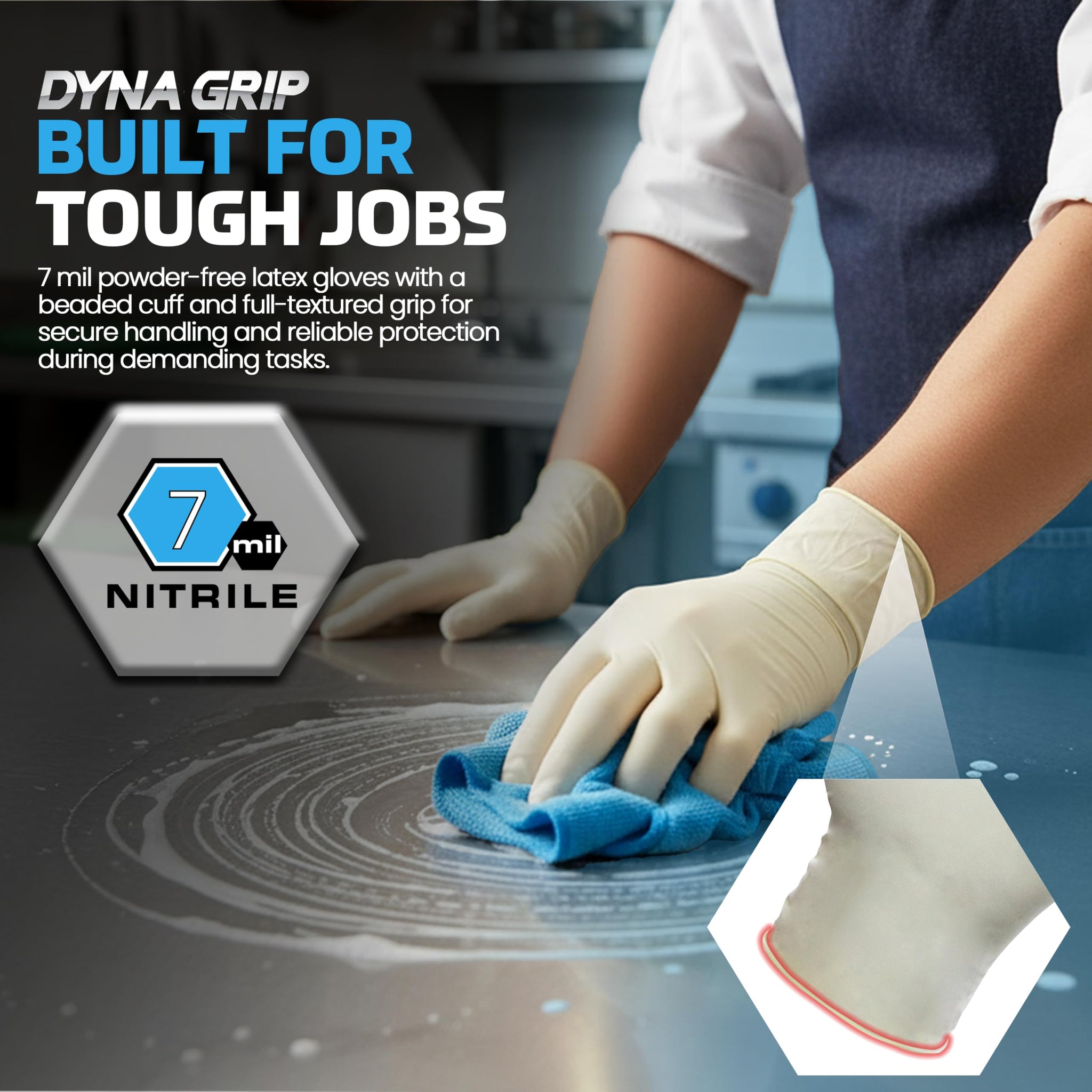 SAS Safety 650-1003 Dyna Grip Powder-Free Premium Latex Disposable Gloves, 7 Mil, Large, 100 Count , White
