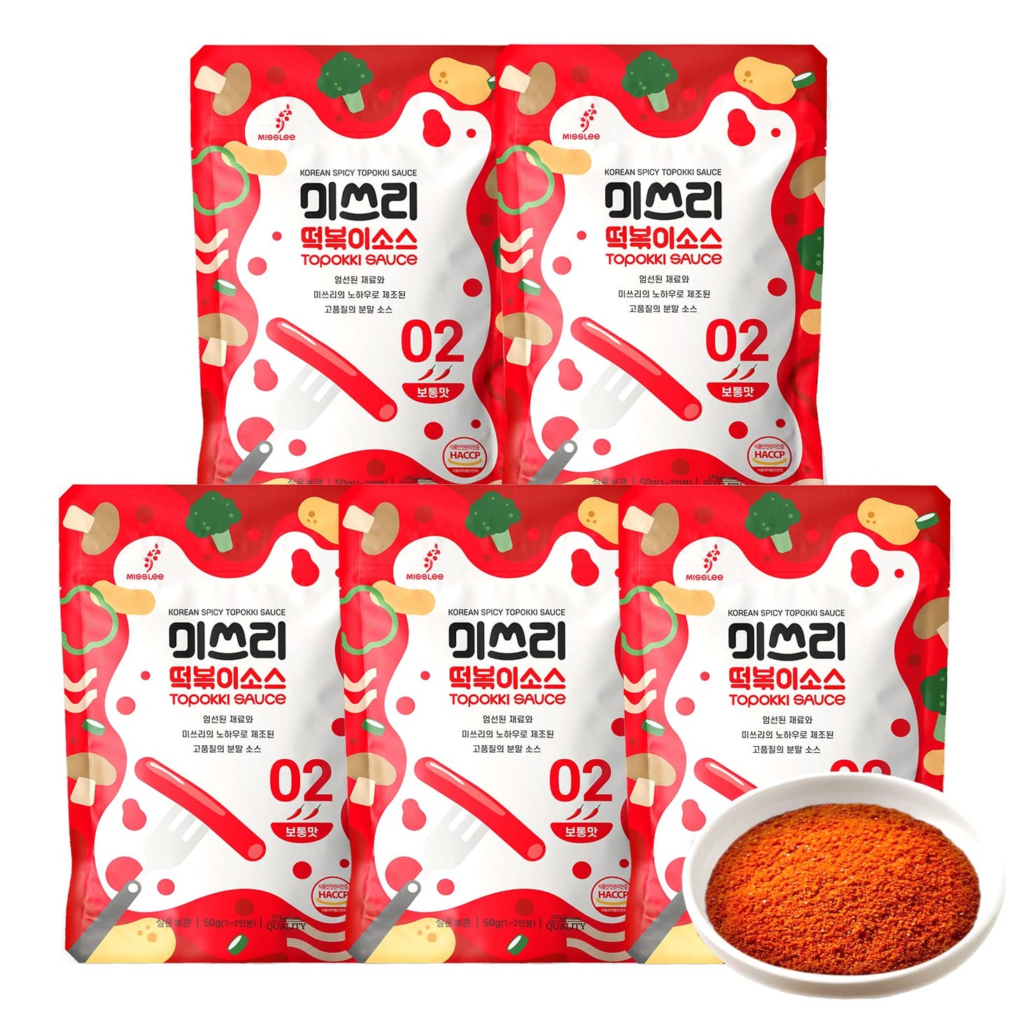 MISSLEE Tteokbokki Sauce Mix (5 Pack, 2 Servings Each), Level 2 Original, Korean Powder Sauce for Rice Cakes, Stir-Fries, and More (1.76 oz(pack