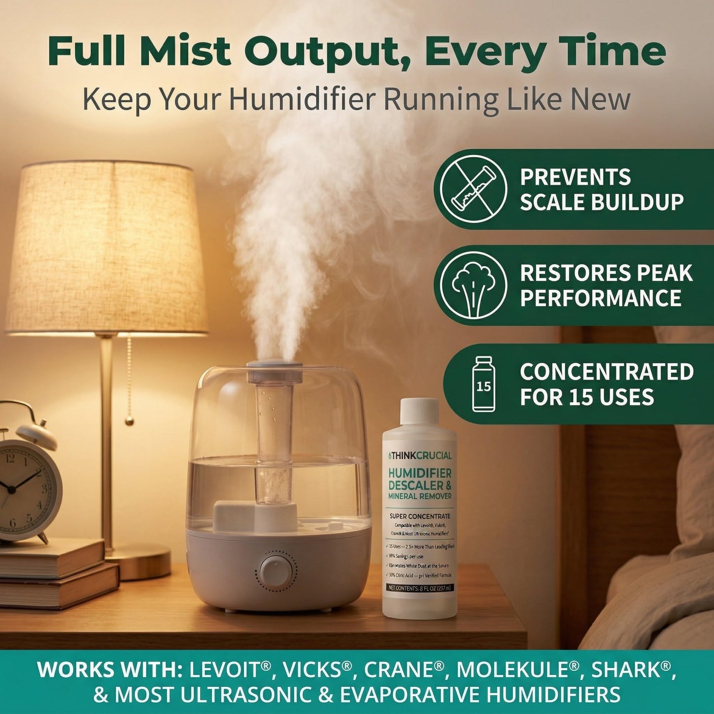 Think Crucial Humidifier Descaler - Clears White Dust - 15 Uses - Compatible with Levoit, Vicks, Crane - 8 fl oz