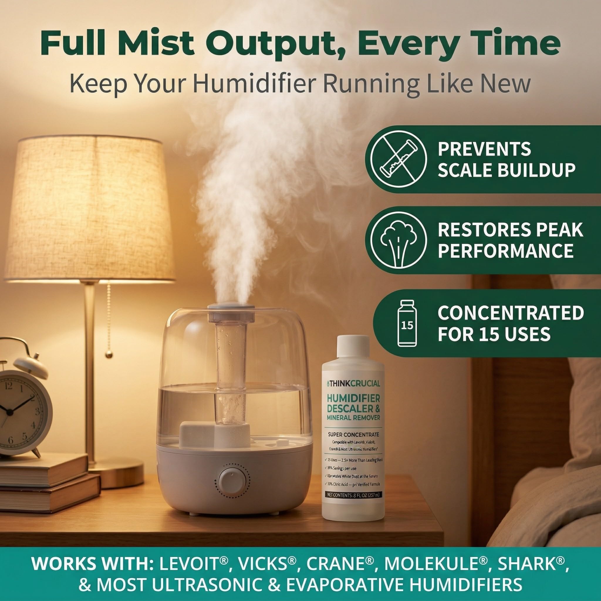 Think Crucial Humidifier Descaler - Clears White Dust - 15 Uses - Compatible with Levoit, Vicks, Crane - 8 fl oz