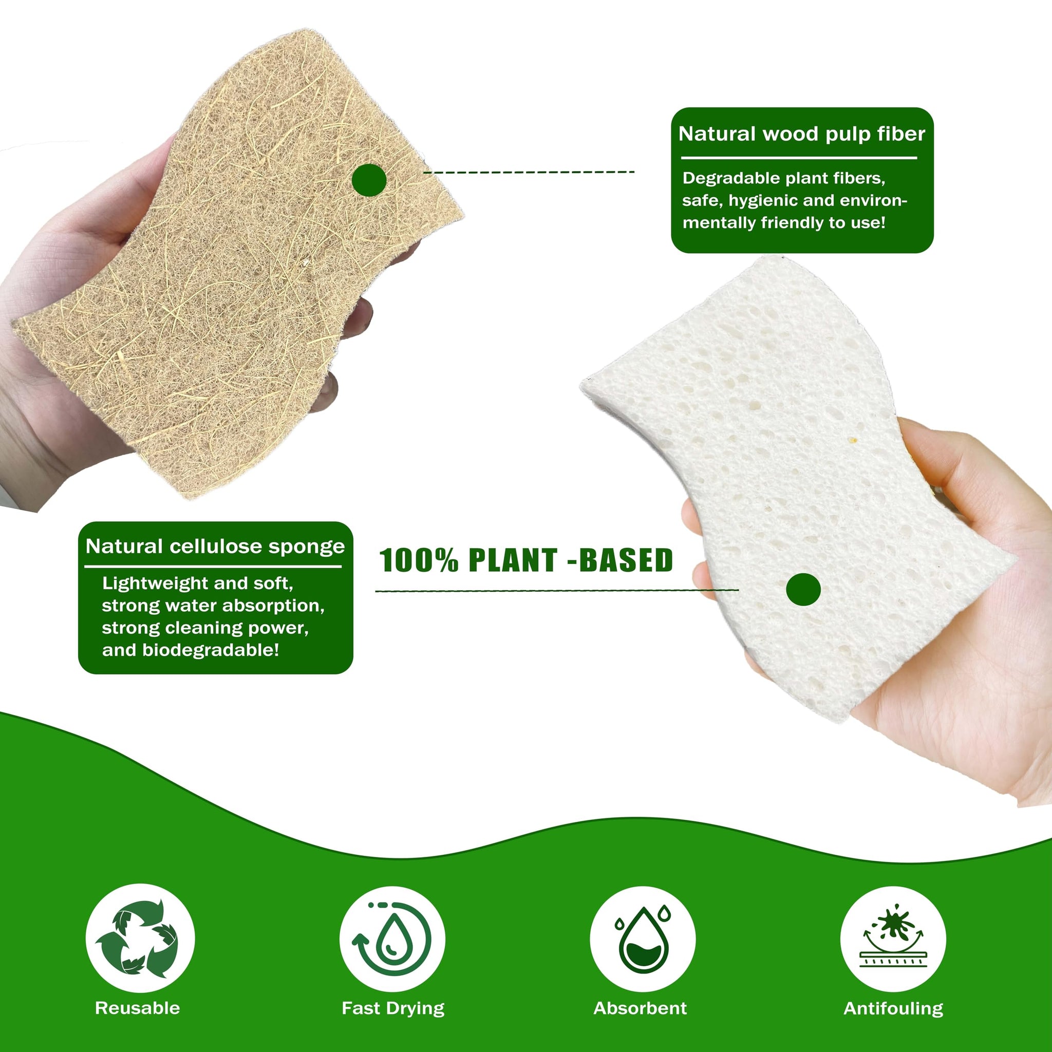 UCCO Eco Friendly Biodegradable Kitchen Sponges 12 Pack - Natural Compostable Cellulose with Coconut Scrubber - Sustainable Zero Waste Dish Sponges