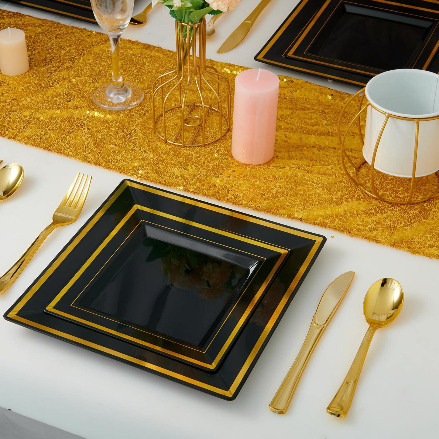 JOLLY CHEF 125 Count Square Black Gold Plastic Plates, Including 25 Disposable Dinner, 25 Dessert, 25 Knives, 25 Forks and 25 Spoons, Plastic Dinner