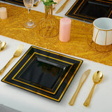 JOLLY CHEF 125 Count Square Black Gold Plastic Plates, Including 25 Disposable Dinner, 25 Dessert, 25 Knives, 25 Forks and 25 Spoons, Plastic Dinner
