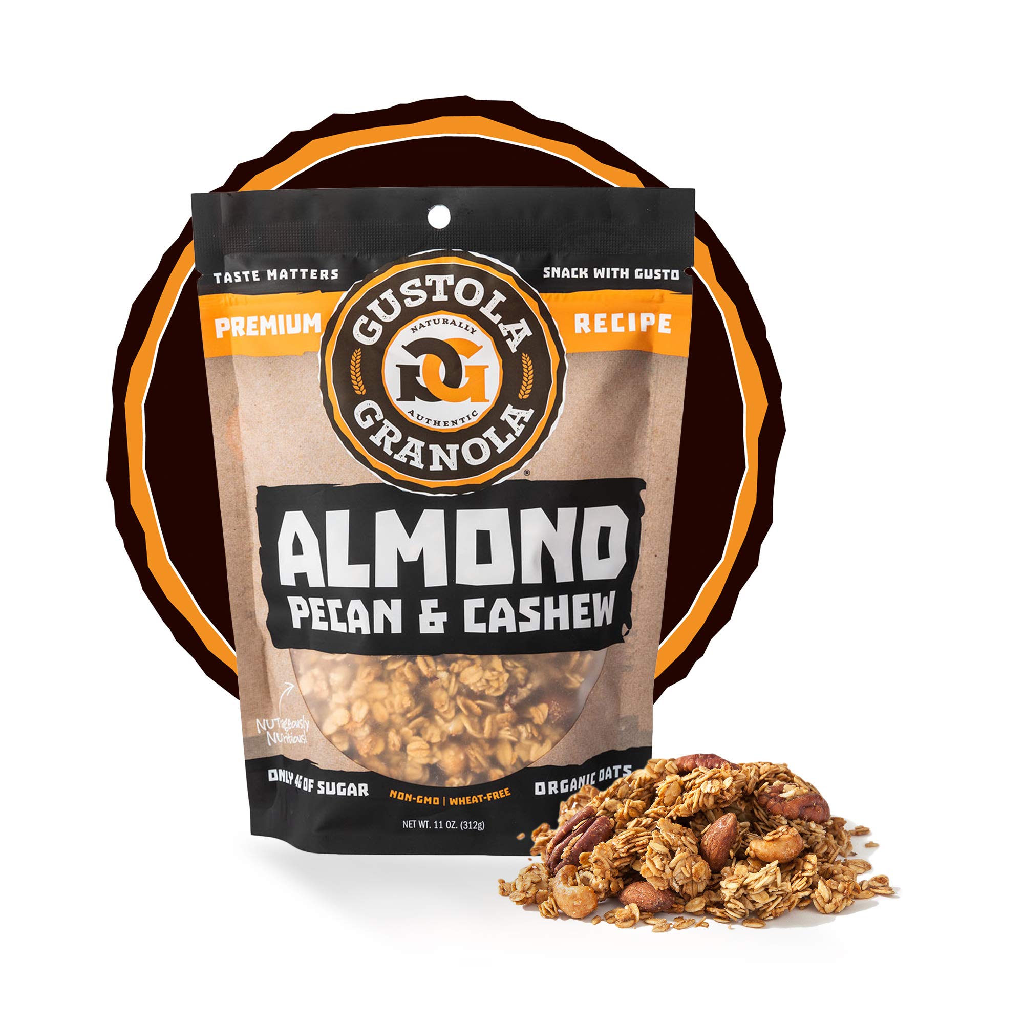 Almond, Pecan, and Cashew | Non GMO, Wheat Free, Low Sugar Granola, Healthy Granola Bites, Low Sugar Snacks, 11oz - Gustola Granola