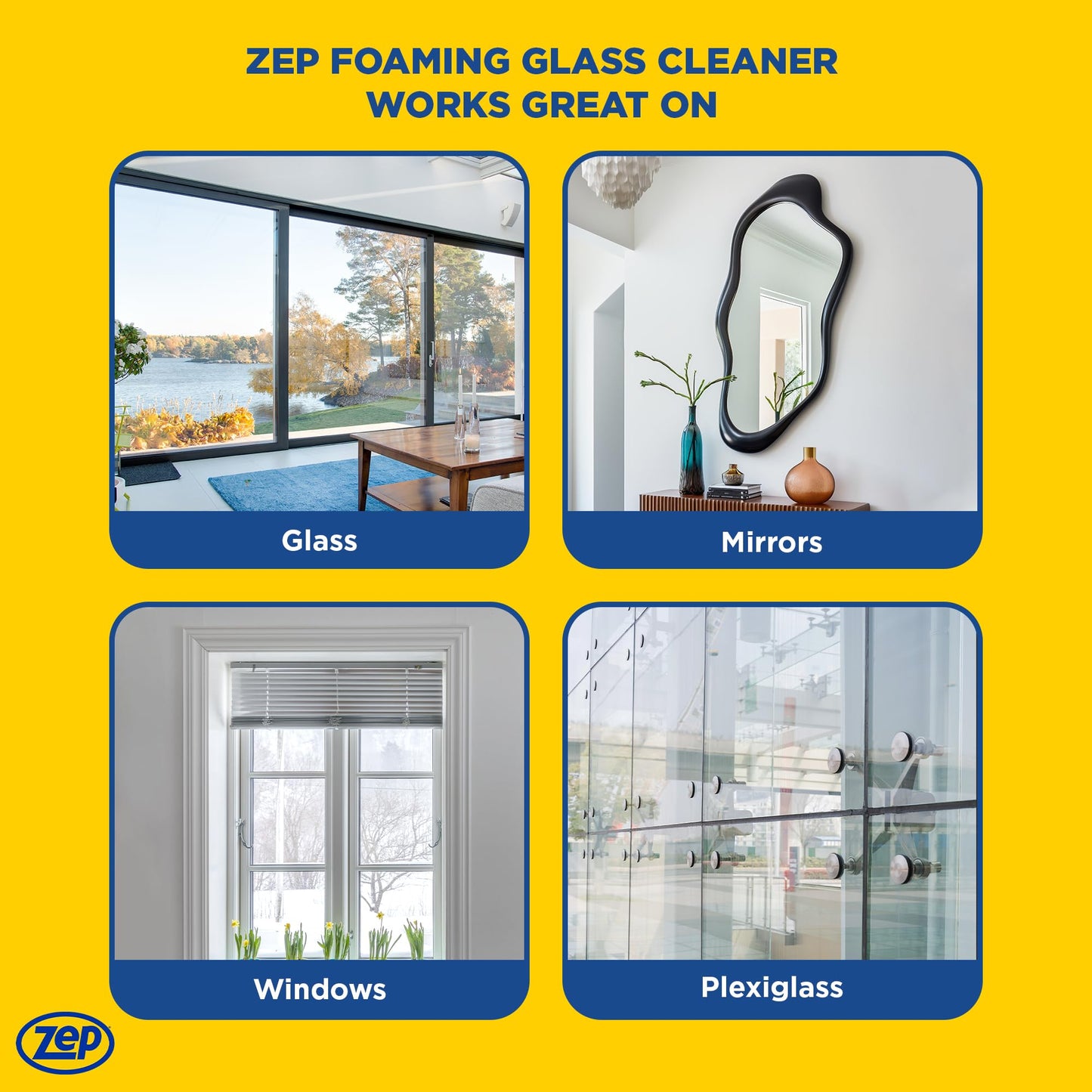 Zep Foaming Glass and Plexiglass Cleaner - 19 oz (Case of 4) ZUFGC19 - Foaming Formula that clings to Vertical Surfaces for Streak-Free Glass Cleaning