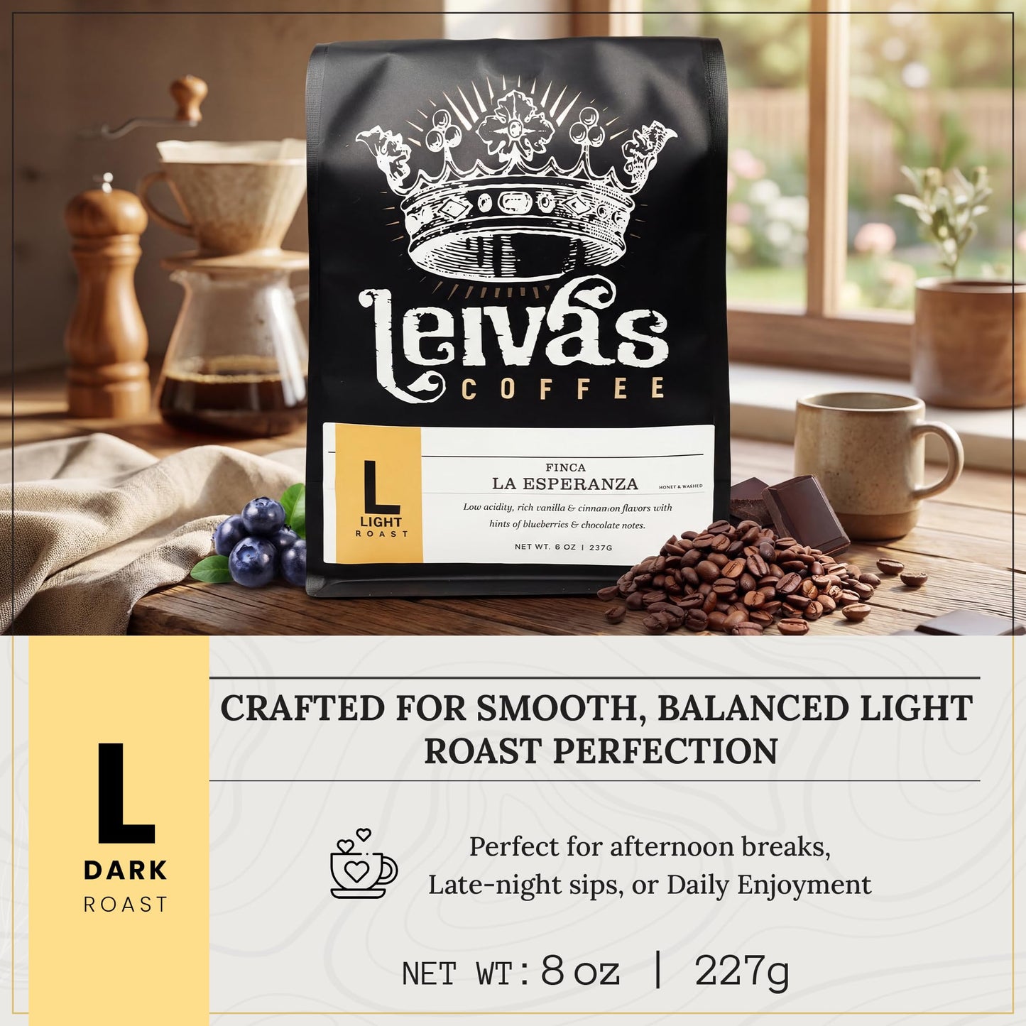 Leiva’s Whole Bean Light Roast Coffee, Freshly Roasted, Small Batch Guatemalan Beans - Finca La Esperanza Single Origin Coffee Beans w/Vanilla