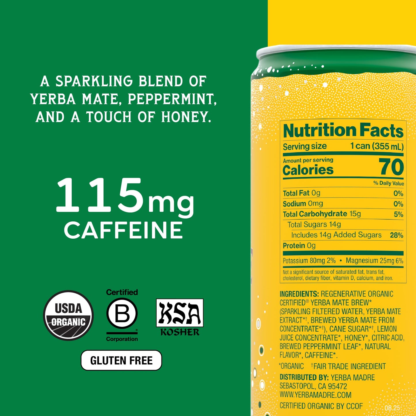Yerba Madre Organic Sparkling Yerba Mate, Enlighten Mint, 115mg Natural Plant Based Caffeine, Smooth Energy & Focus, Carbonated, 12oz Cans (Pack