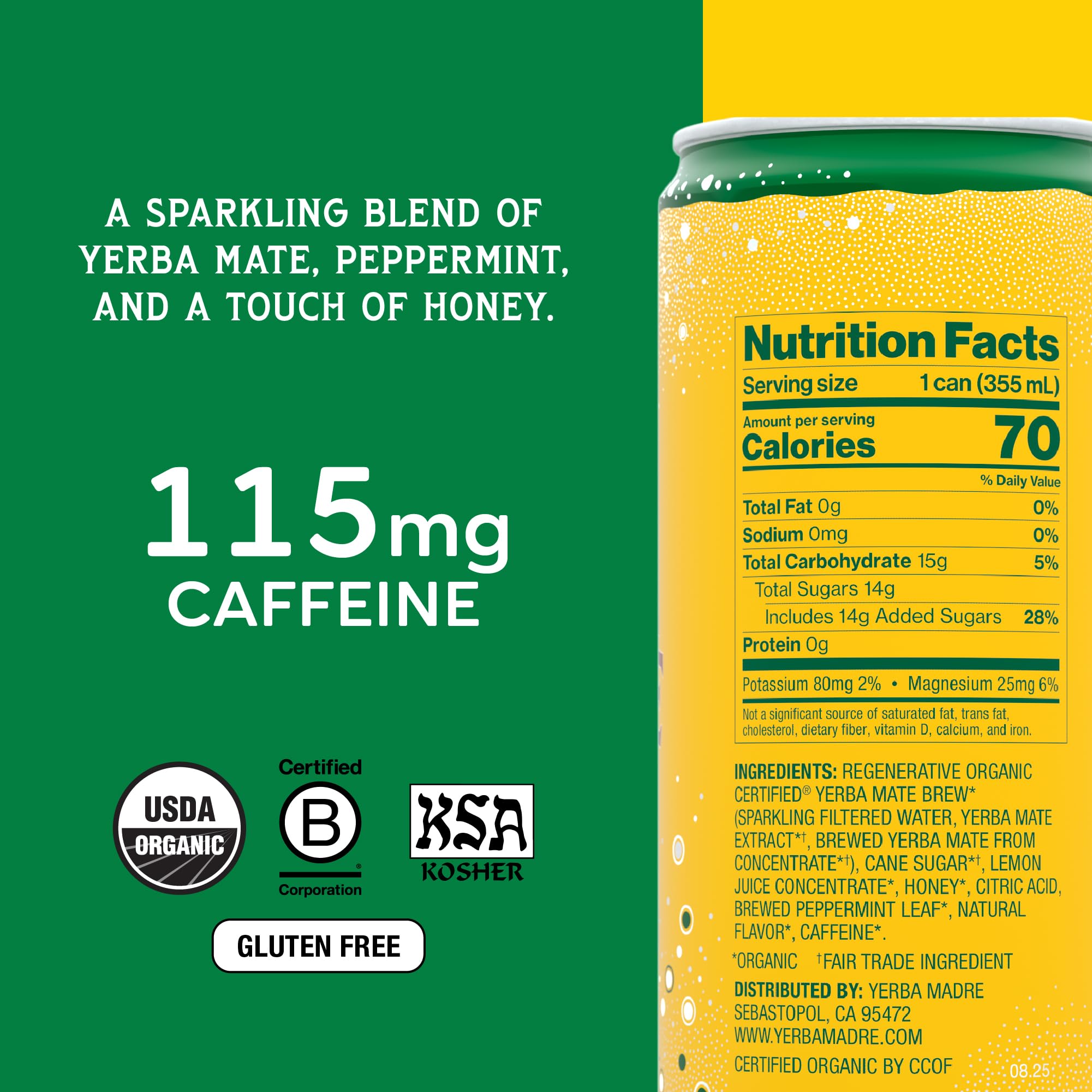 Yerba Madre Organic Sparkling Yerba Mate, Enlighten Mint, 115mg Natural Plant Based Caffeine, Smooth Energy & Focus, Carbonated, 12oz Cans (Pack