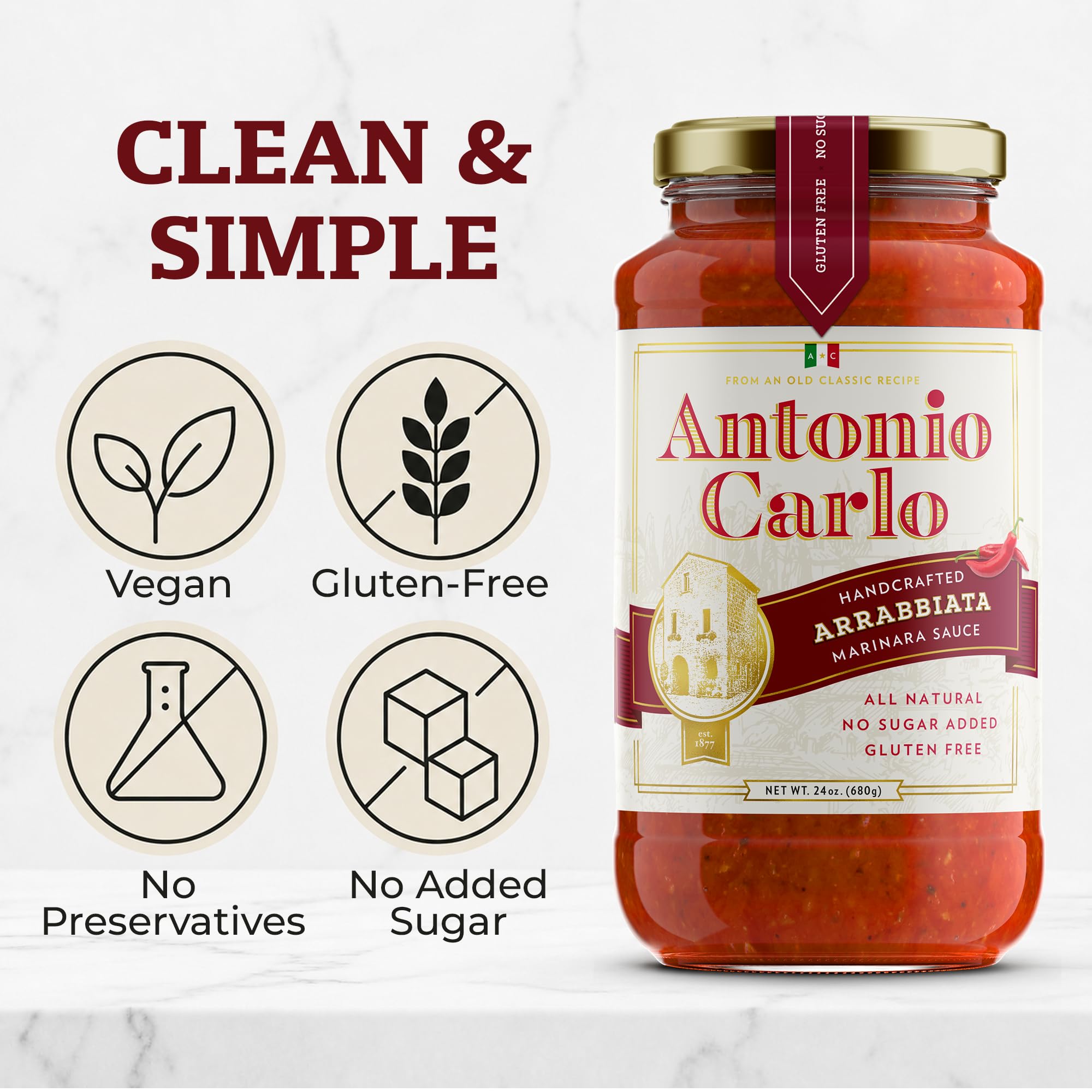 NEW! Antonio Carlo Authentic Italian (3 Generations) Handmade Gourmet Marinara Sauce - FRESH, No Preservatives, Vegan Marinara Spaghetti & Pasta Sauce