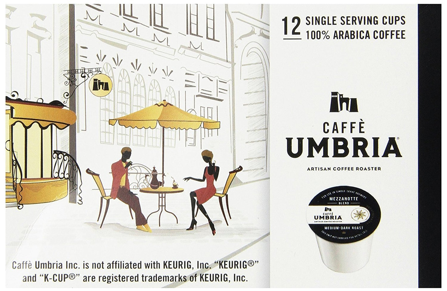 Caffe Umbria Single Serving Coffee Cups, Mezzanotte Decaf Blend, 12 Count