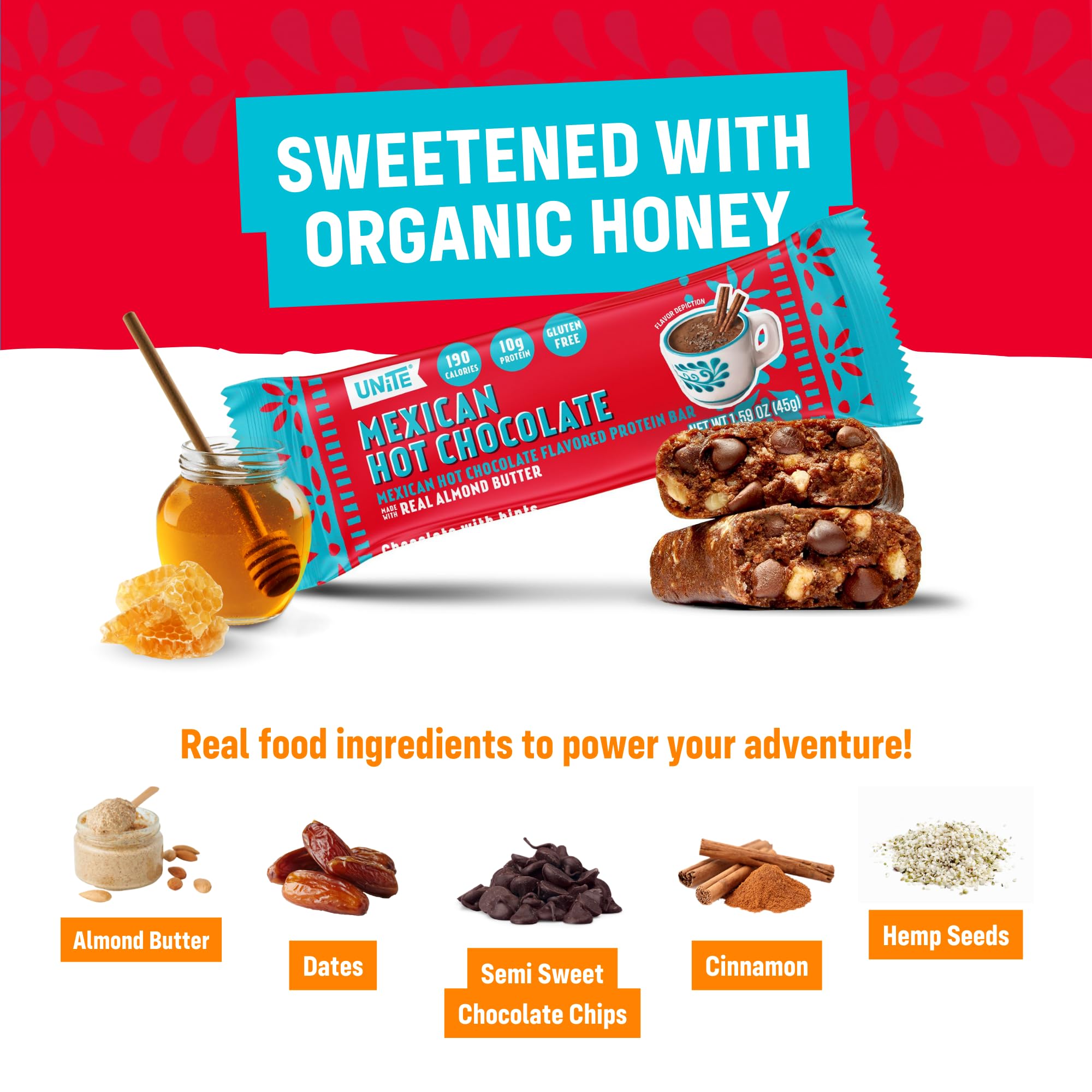UNiTE Mexican Chocolate Protein Bars, 12 Pack, 1.59 Oz, 10g Protein, High Fiber Bar, Naturally Sweetened, Almond Butter, Real Ingredients, Portable