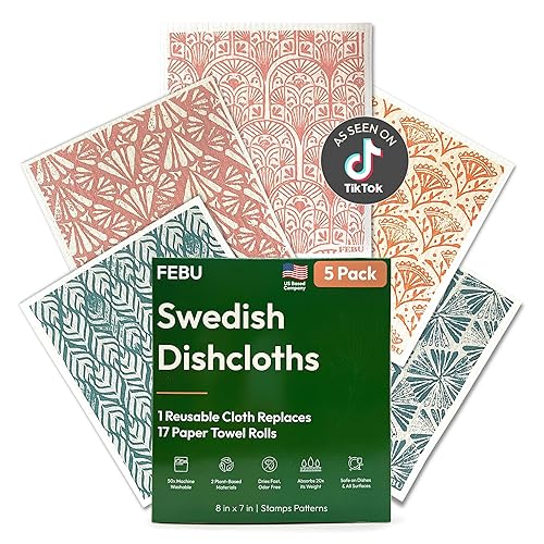 FEBU Swedish Dishcloths for Kitchen | 5 Pack Stamps Reusable Paper Towels Washable | Swedish Dish Towels | Non-Scratch Cellulose Sponge Cloths | No