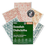 FEBU Swedish Dishcloths for Kitchen | 5 Pack Stamps Reusable Paper Towels Washable | Swedish Dish Towels | Non-Scratch Cellulose Sponge Cloths | No