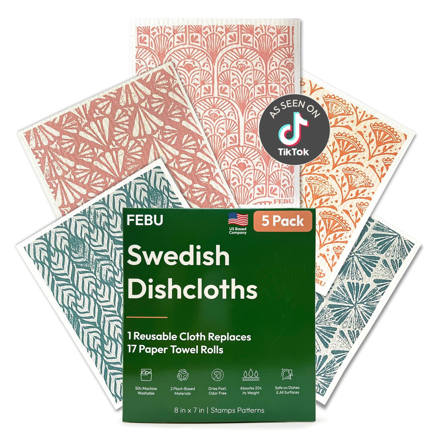 FEBU Swedish Dishcloths for Kitchen | 5 Pack Stamps Reusable Paper Towels Washable | Swedish Dish Towels | Non-Scratch Cellulose Sponge Cloths | No