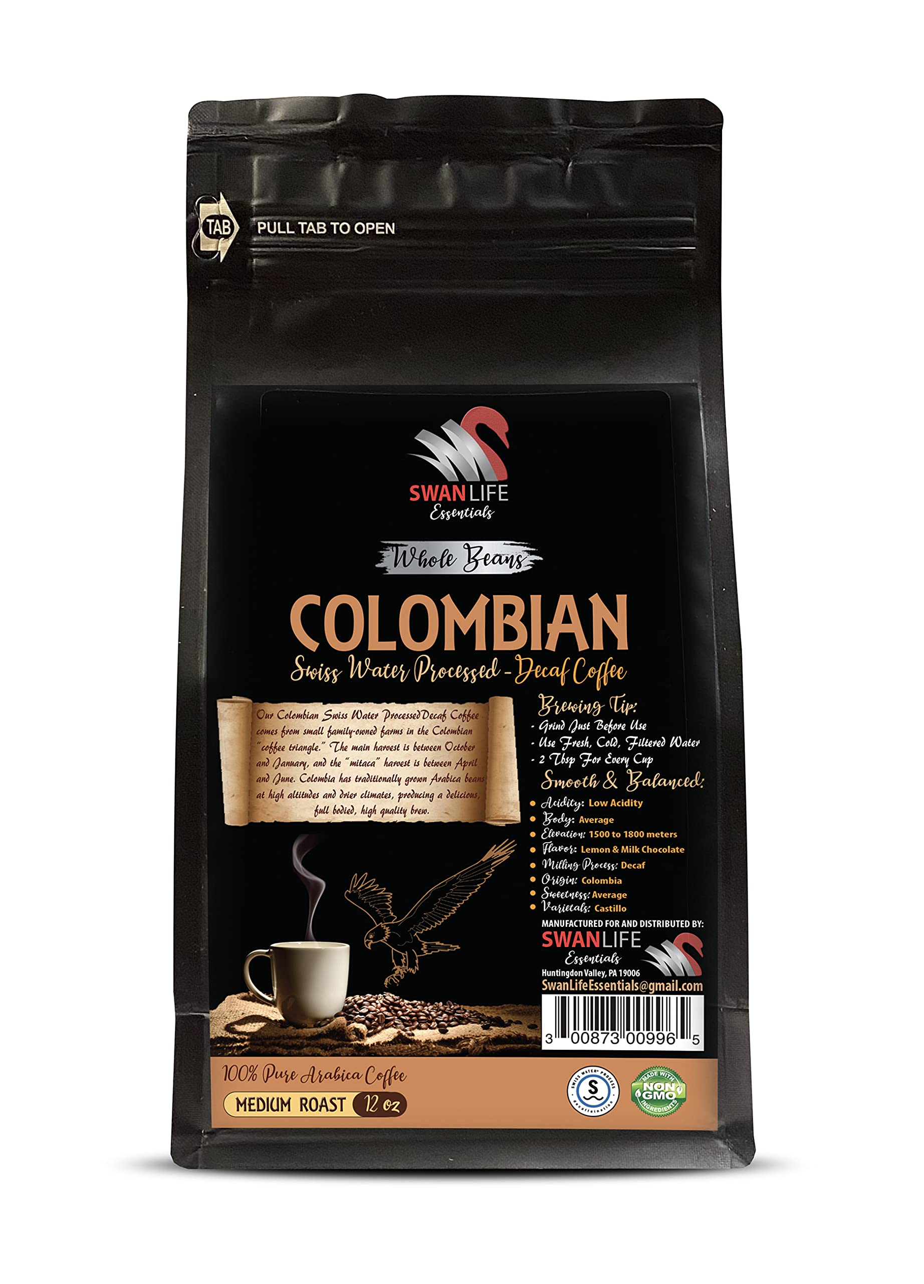 colombian coffee beans medium roast - DECAF COLOMBIAN WHOLE BEANS COFFEE, Medium Roast, 100% Pure Arabica, swiss water processed, non gmo - swiss