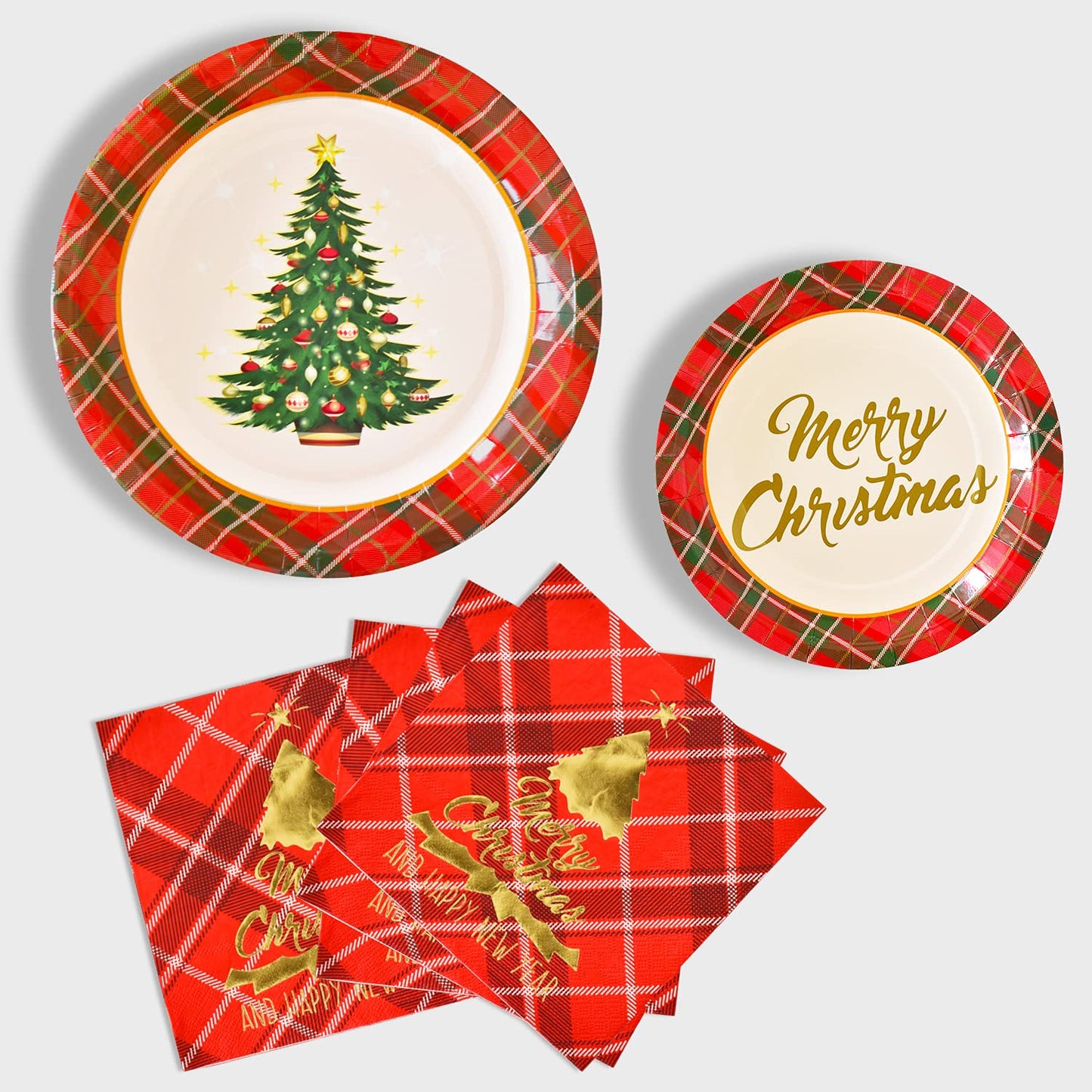 Gatherfun Christmas Party Supplies Christmas Tree Red Plaid Disposable Paper Dinner Plates Dessert Plates and Napkins for Party, Serve 20