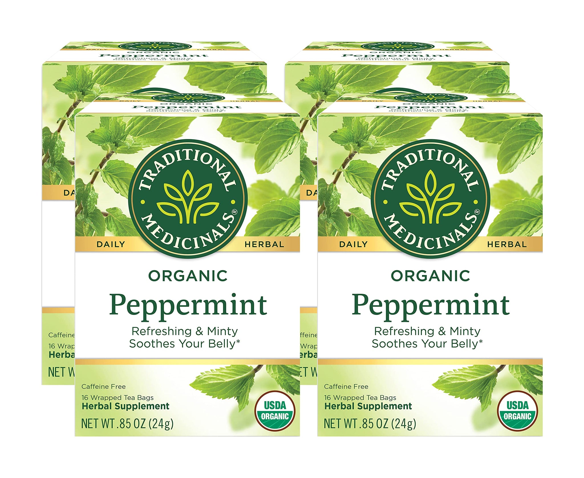Traditional Medicinals Organic Peppermint Herbal Tea, Alleviates Digestive Discomfort, (Pack of 4) - 64 Tea Bags Total