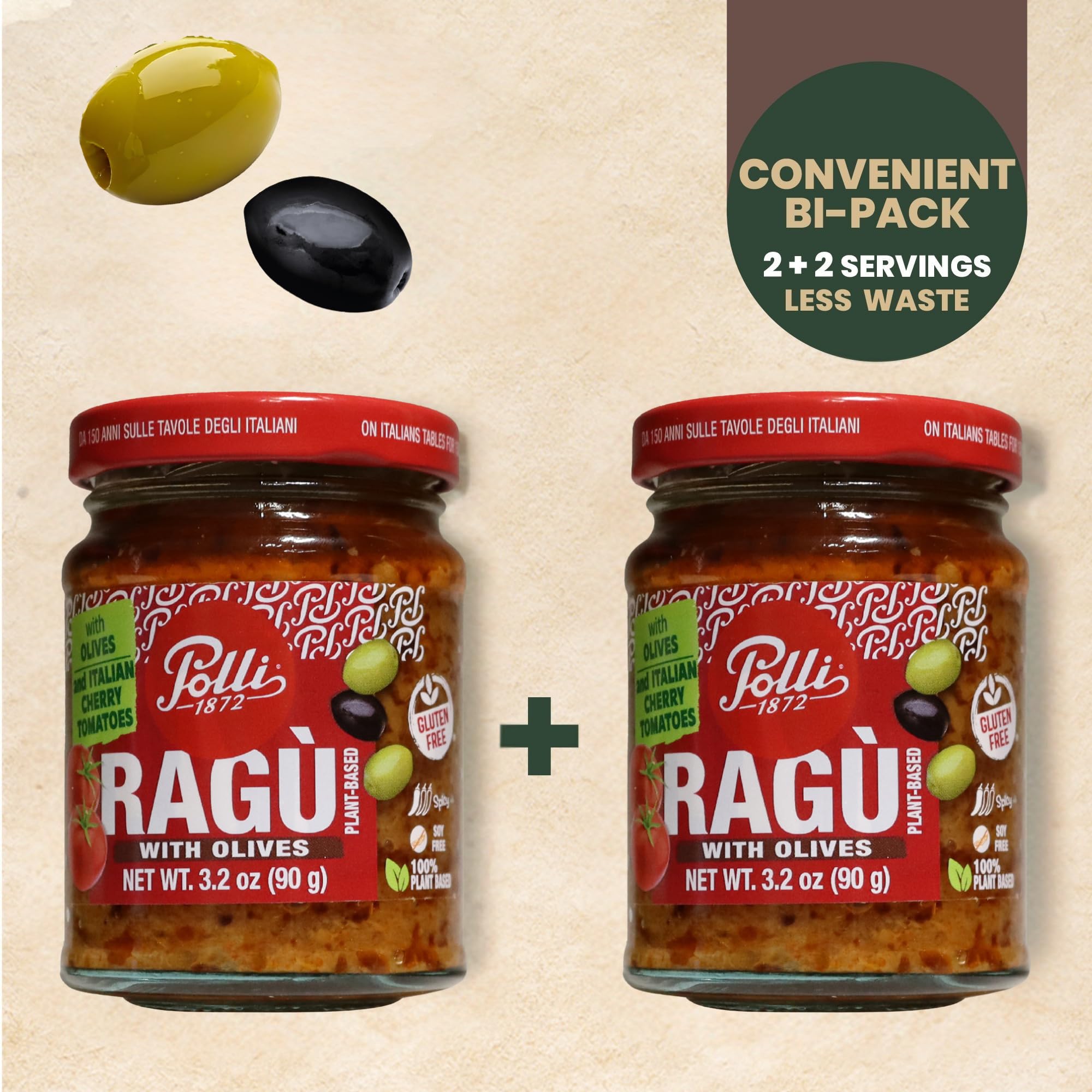 Polli Plant Based Ragù with Olives and Italian Cherry Tomatoes - Mild Mediterranean Pasta Sauce, Made in Italy, Gluten Free, 2 x 3.2 oz Jars (6.4 oz