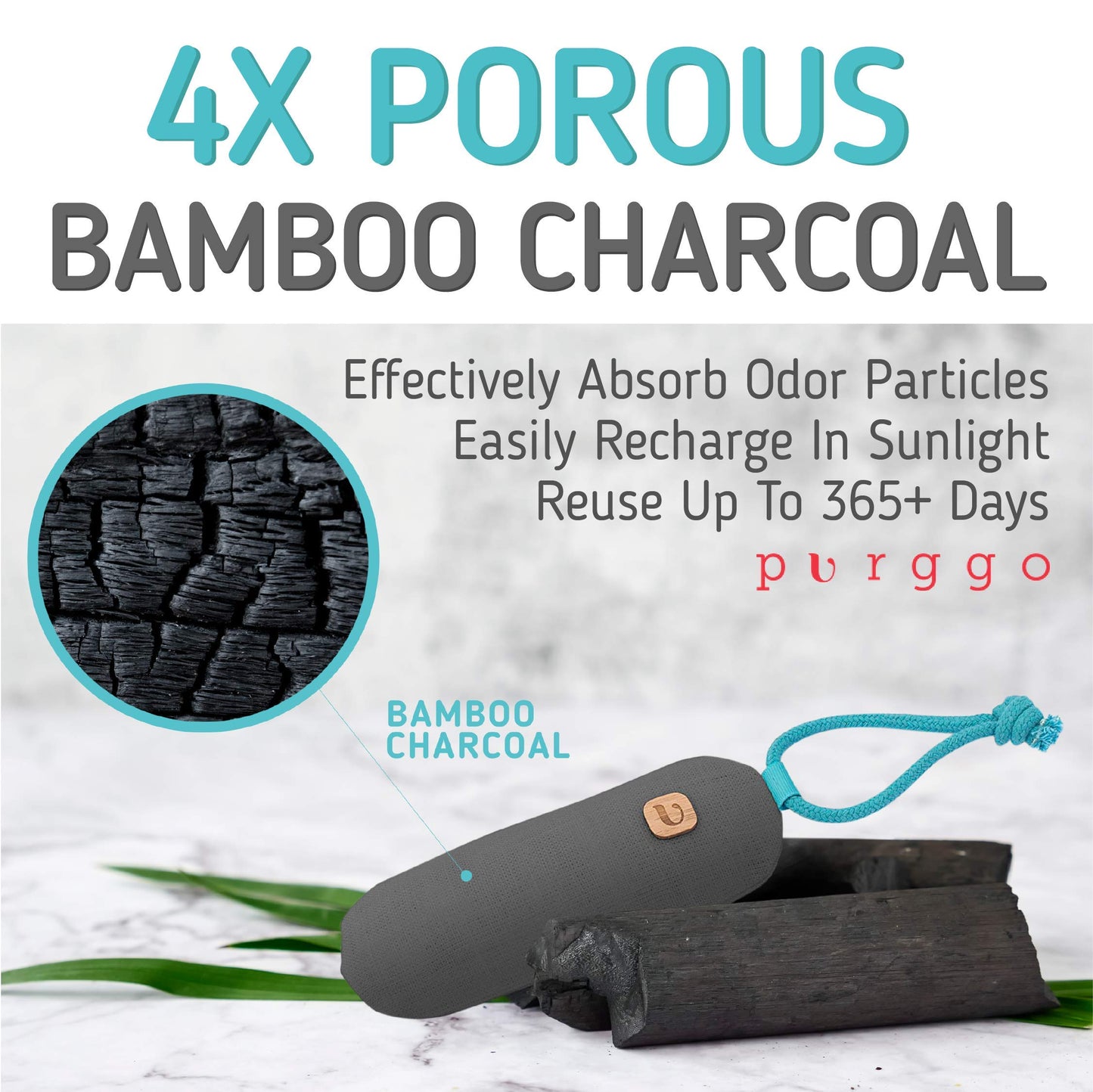 PURGGO Bamboo Charcoal Shoe Deodorizer Air Purifying Bag - Natural Odor Eliminator - Last 365+ Days - No Chemicals - Air Freshener for Shoes