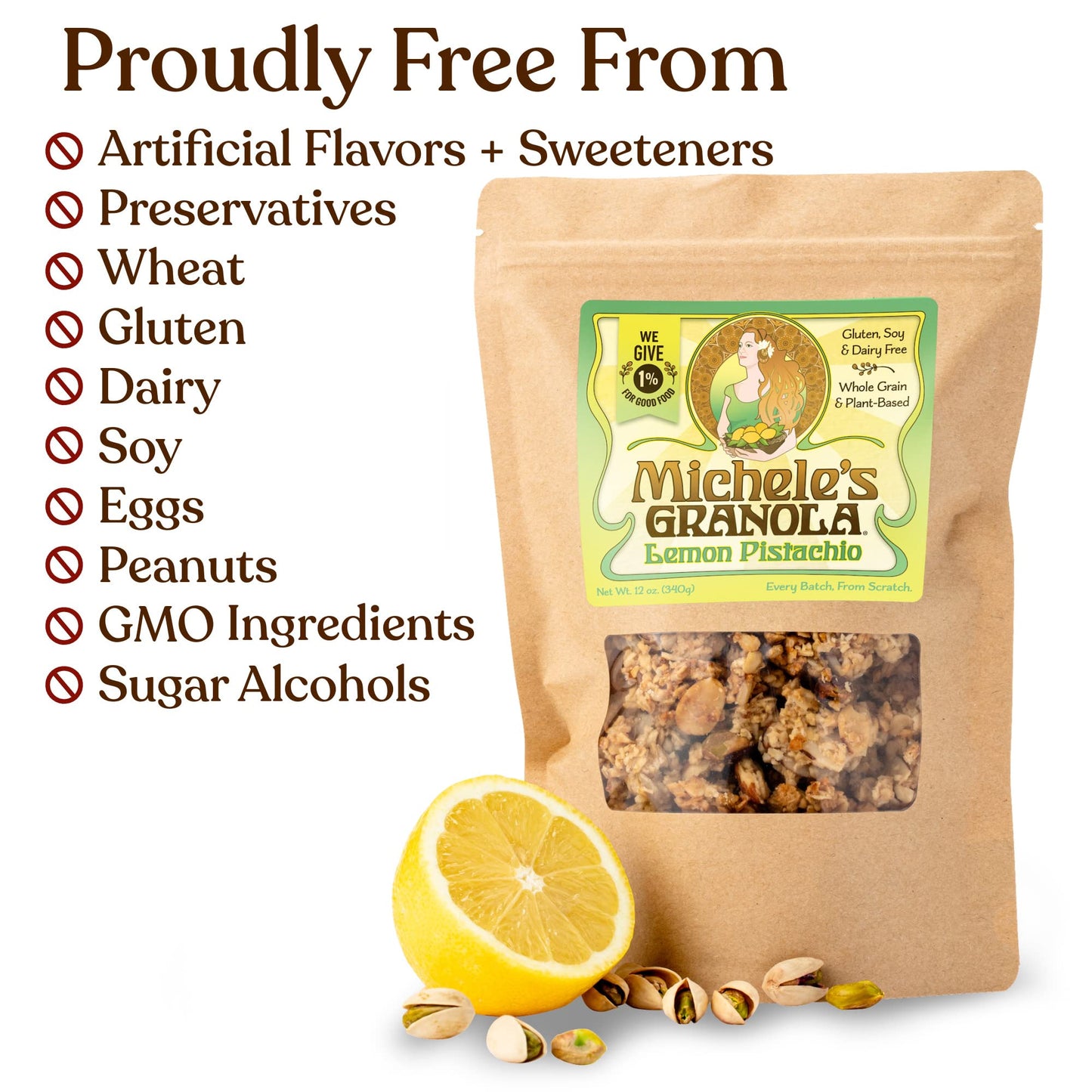 Michele's Granola Lemon Pistachio, Gluten Free & Non-GMO, 12 Ounce, Pack of 6