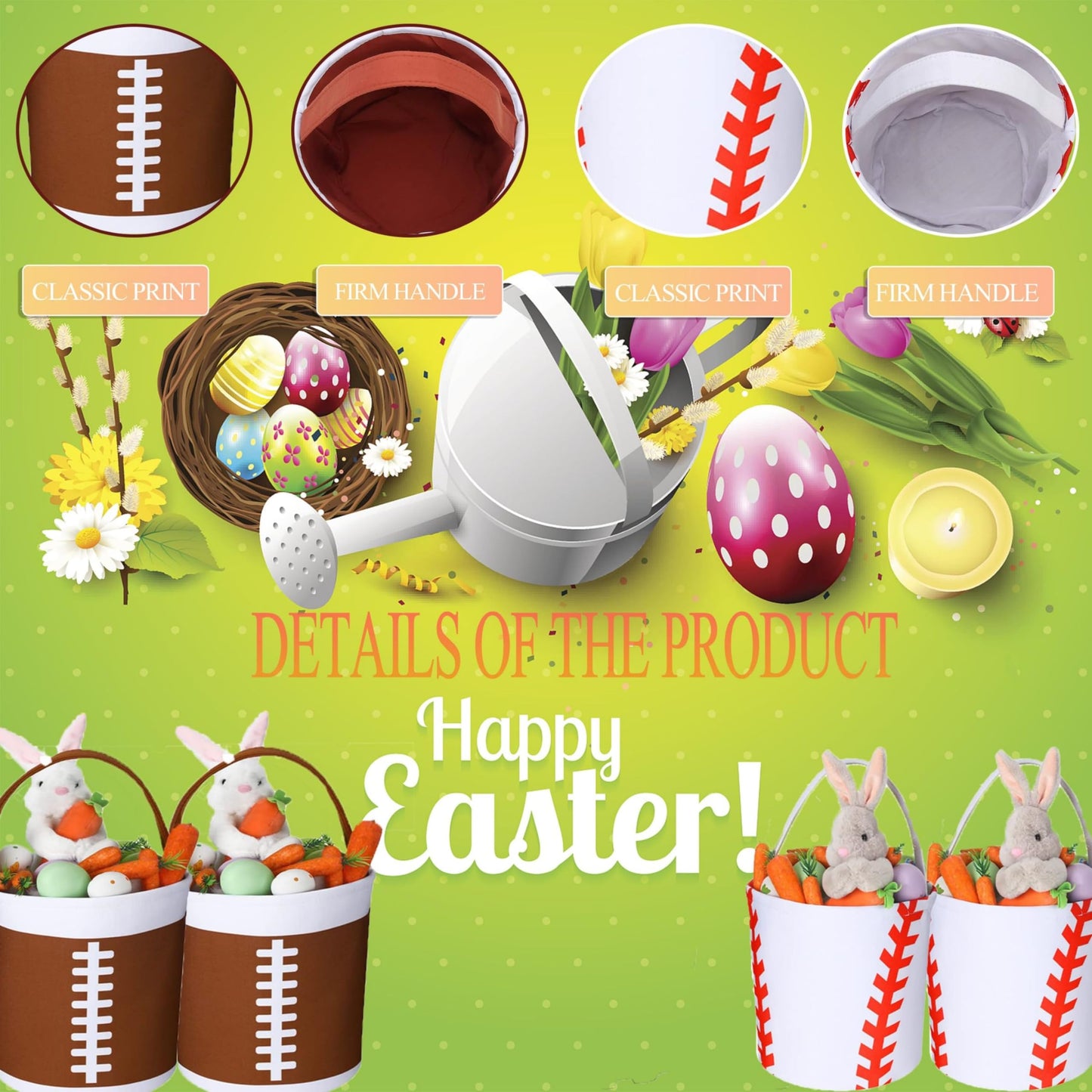 XinblueCo Baseball basket Easter baskets for kids Canvas Easter Egg Hunt Baskets Halloween Trick or Treat Candy Bucket for Halloween Easter