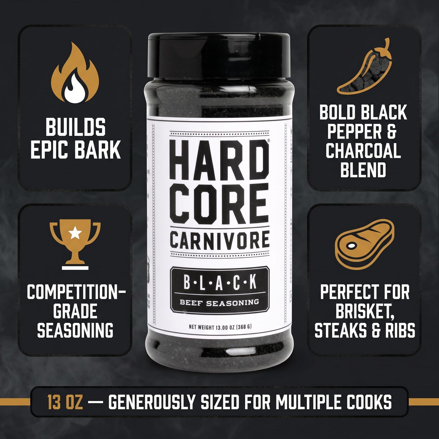 Hardcore Carnivore Black Bar-B-Q Rub Seasoning - 13 oz Bottles (Pack of 2) - For Burger and Steak - Bbq Rub Seasoning with Bag Clip