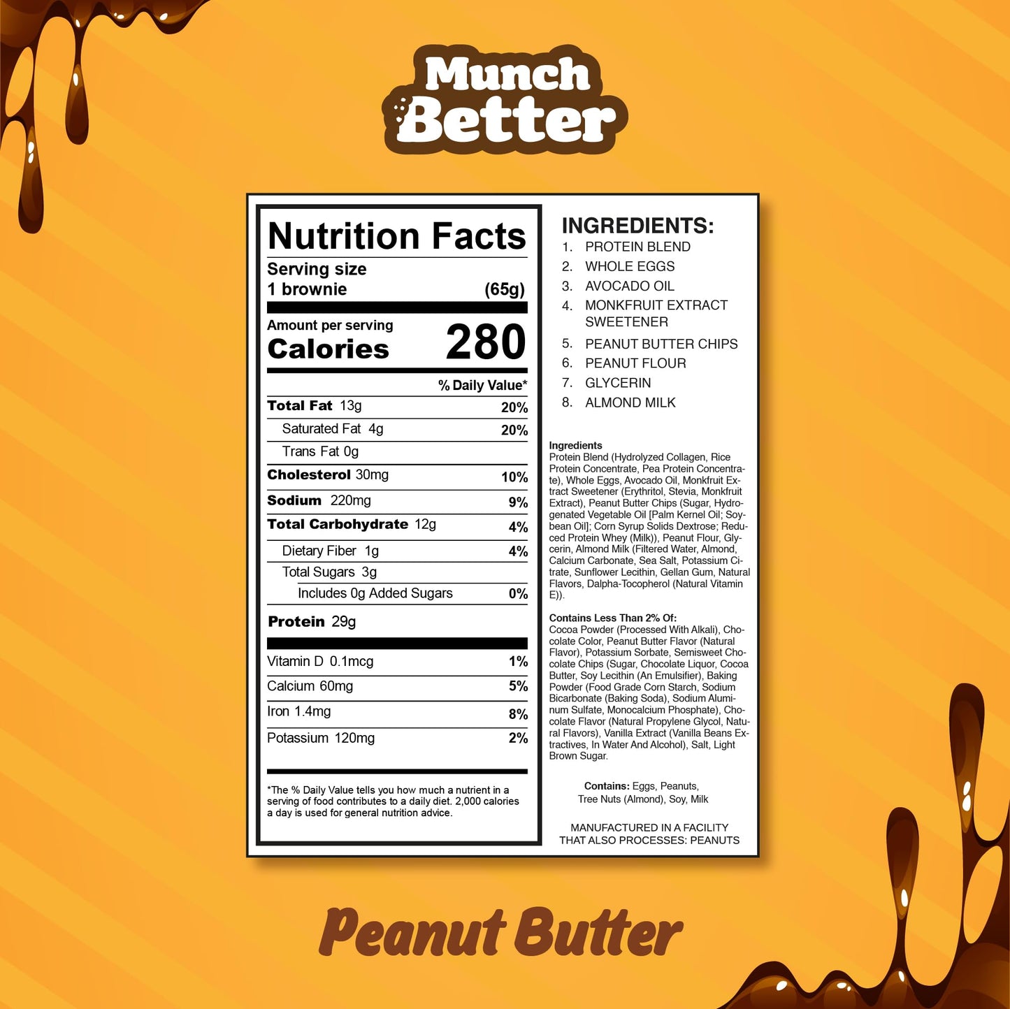 Munch Better Peanut Butter Protein Brownies - High Protein (29g), Gluten-Free, Low Sugar, Collagen-Infused, Clean Ingredients (8 Brownies per Box) |