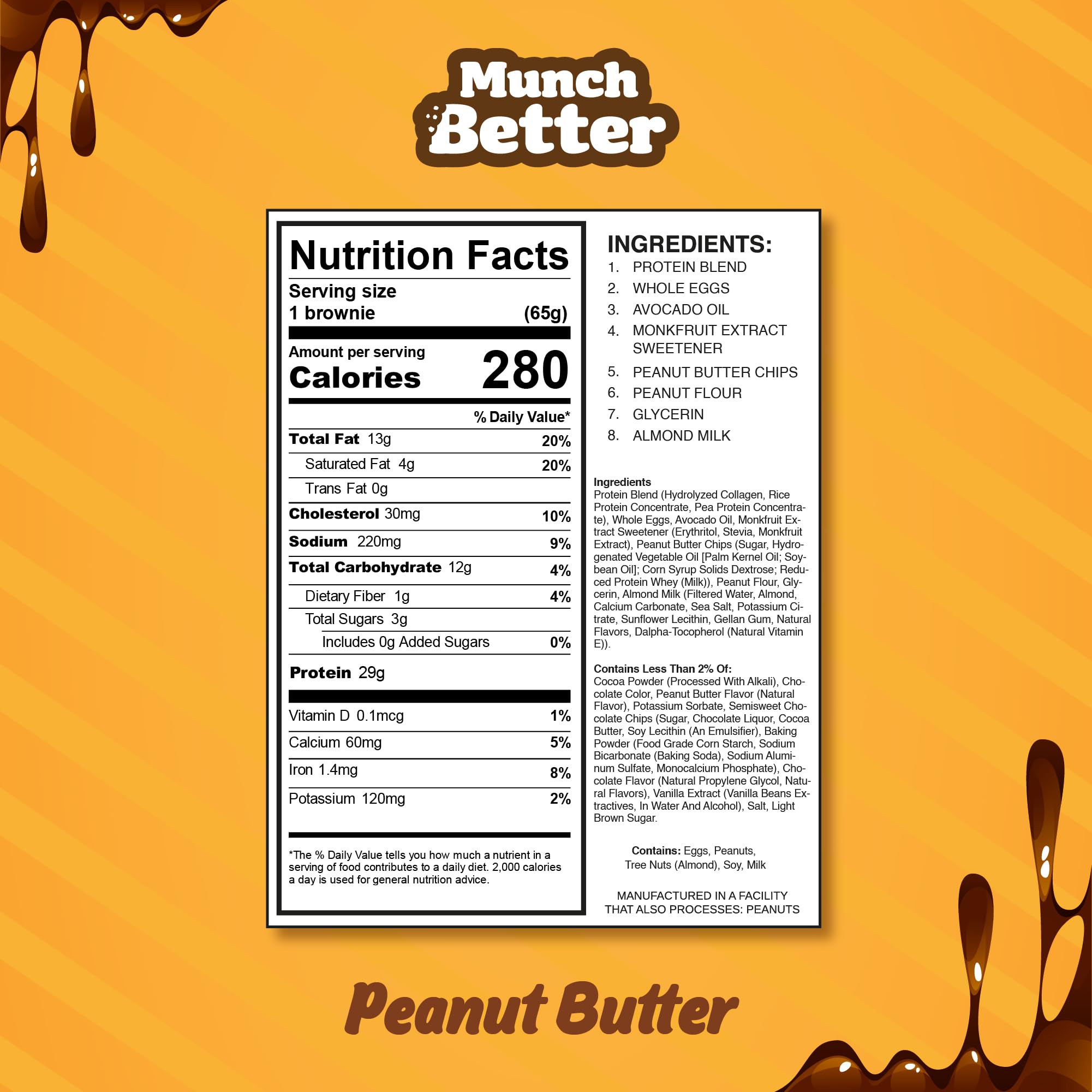 Munch Better Peanut Butter Protein Brownies - High Protein (29g), Gluten-Free, Low Sugar, Collagen-Infused, Clean Ingredients (8 Brownies per Box) |