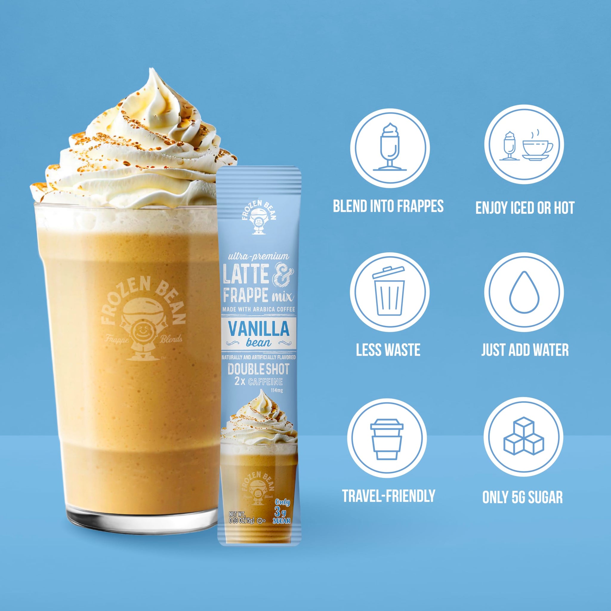 The Frozen Bean Vanilla Bean Frappe & Latte Instant Mix (10 Sticks), Made with Arabica Coffee, Double Shot Caffeine, Low Sugar & Premium Ingredients
