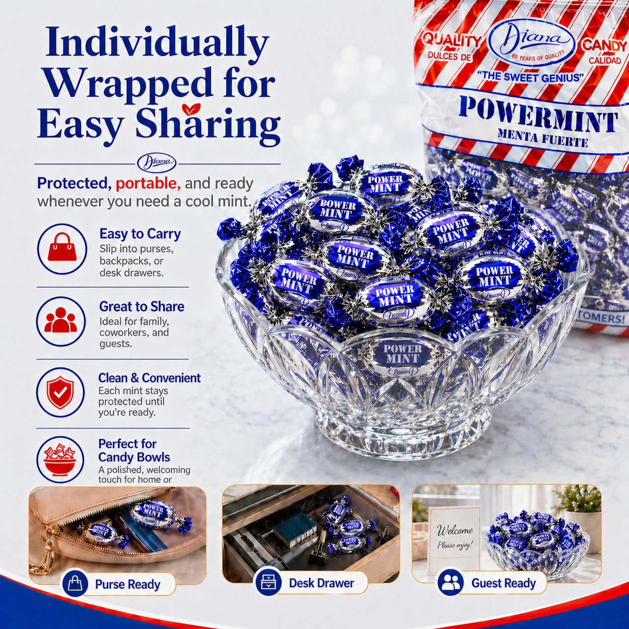 Diana Power Mint - Powerful Breath Mints Individually Wrapped - 220g Hard Candy Pouch (Pack of 2)