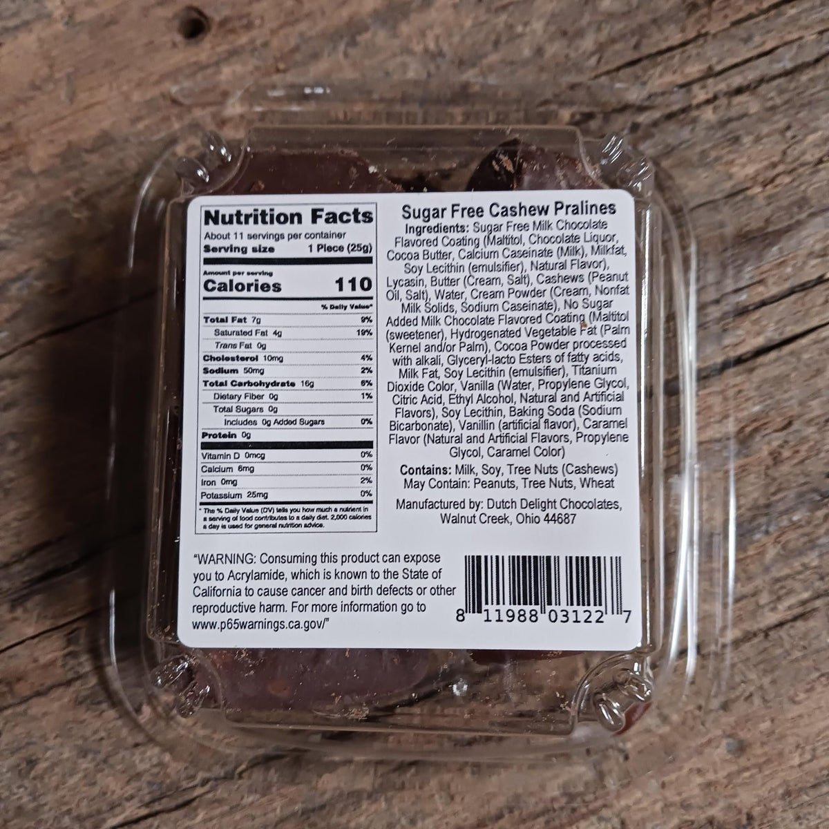 Walnut Creek Dutch Delights Sugar-Free Chocolate Cashew Pralines, Pack of Three 7-ounce Containers