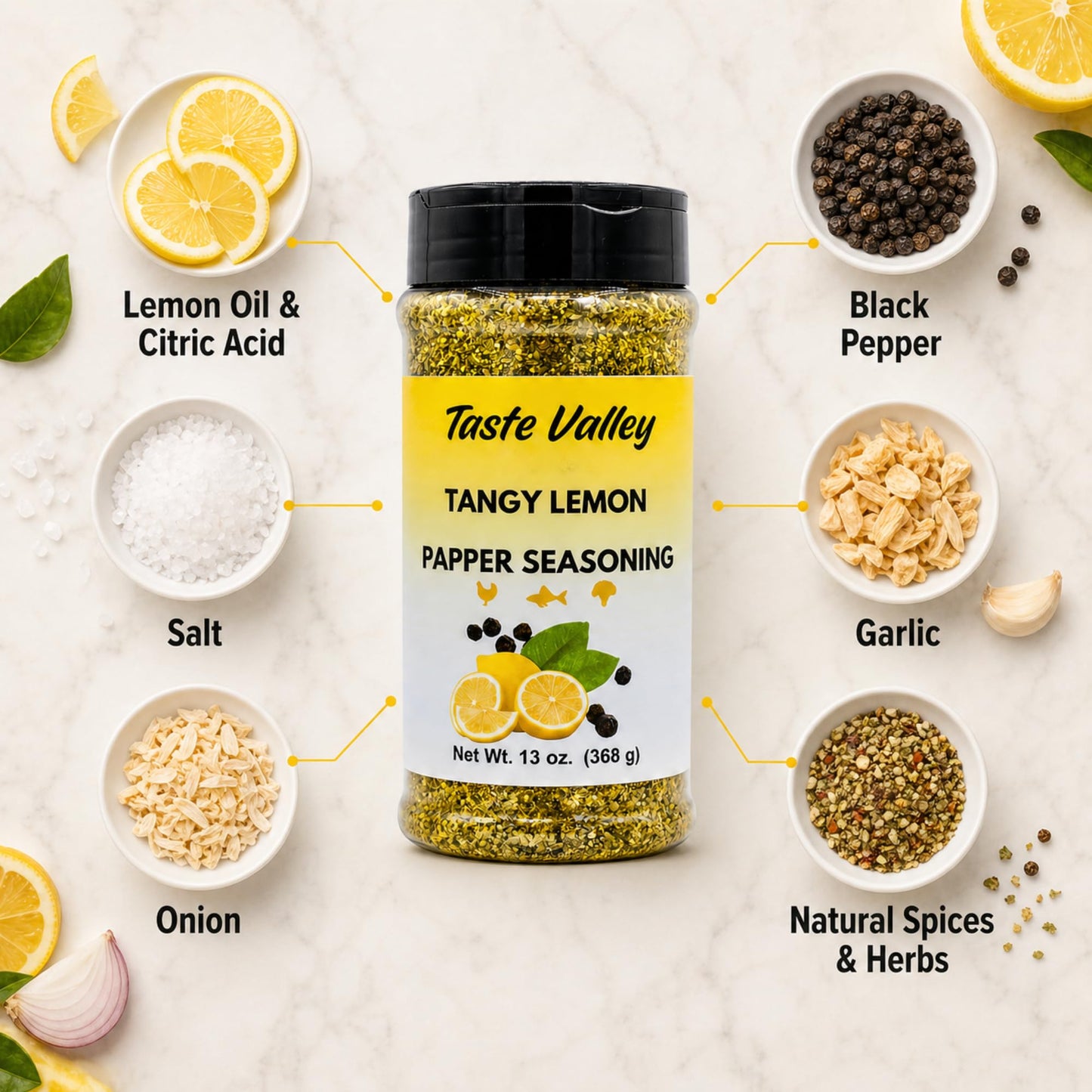 Taste Valley Lemon Pepper Seasoning - 13 oz Large Shaker Jar | 368 Servings | Zero Calories | No MSG | Seasoning for Lemon Pepper Wings, Chicken