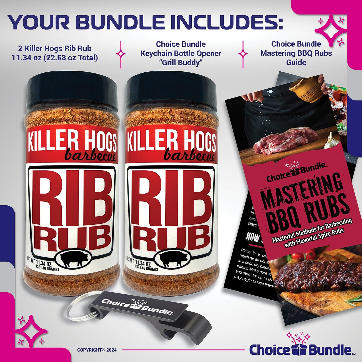 Killer Hogs Rib Rub Premium BBQ Barbecue Spice Seasoning 2 pk (22.68 oz) + Guide & Bottle Opener (4 Items)!