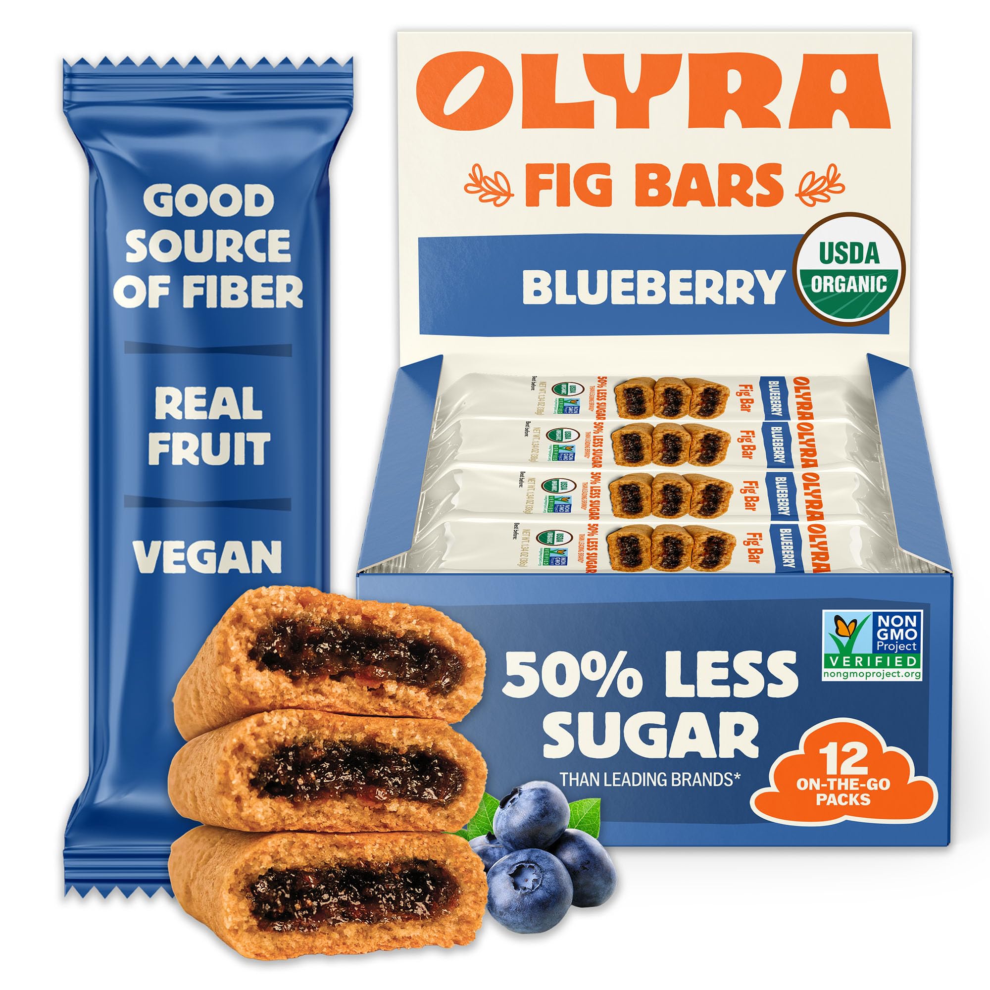 Olyra Blueberry Fig Bars, Organic Snacks, Healthy Snacks for Adults and Kids, Low Sugar, Vegan, Office Breakfast Bars, USDA Certified Organic, Non GMO