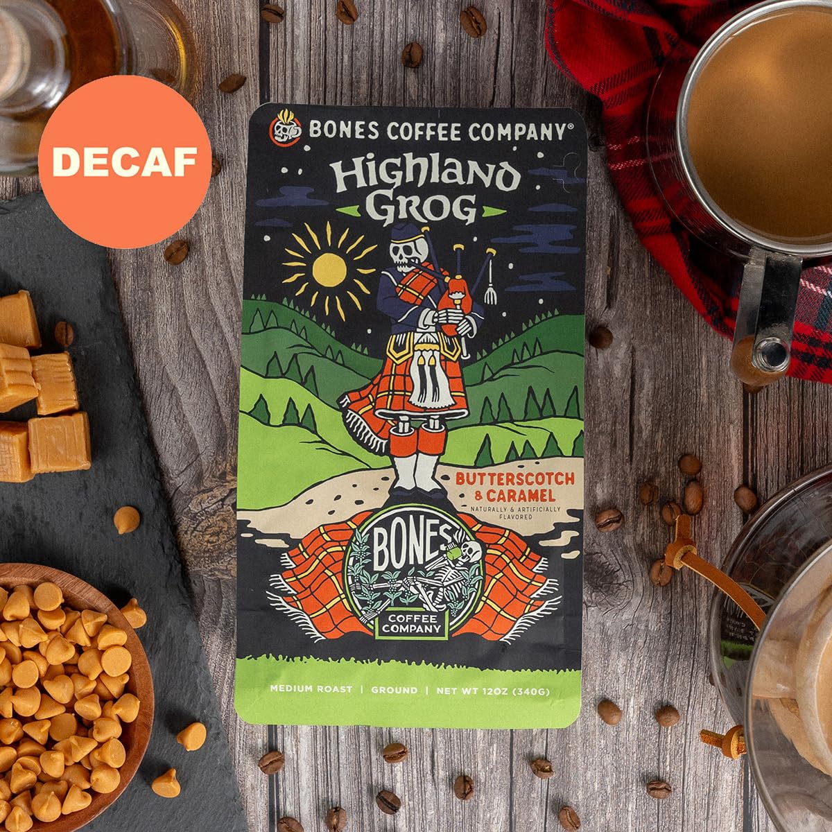 Bones Coffee Company Decaf Highland Grog, Butterscotch Caramel Decaffeinated Flavored Coffee, Medium Roast Low Acid Arabica Beans For Auto drip