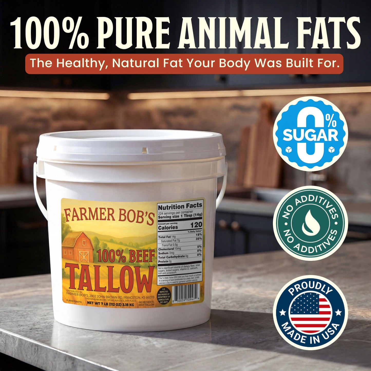 Farmer Bob's Beef Tallow for Cooking 7 lb Bucket - Pure Rendered Beef Fat - 400°F Smoke Point - Deep Frying, Grilling, Soap Making - Keto-Friendly