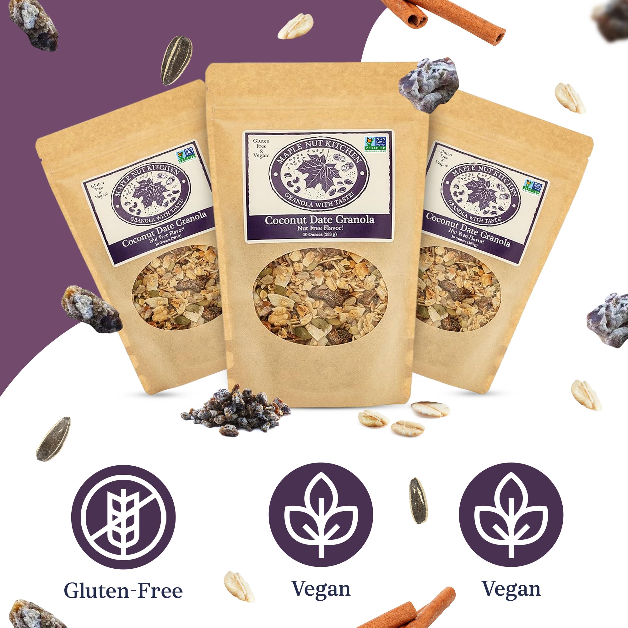 Maple Nut Kitchen Coconut Date Granola, 3 Pack - Gluten-Free, Vegan & Nut-Free Granola with Certified Oats, Pumpkin Seeds, Coconut Chips & Diced Dates